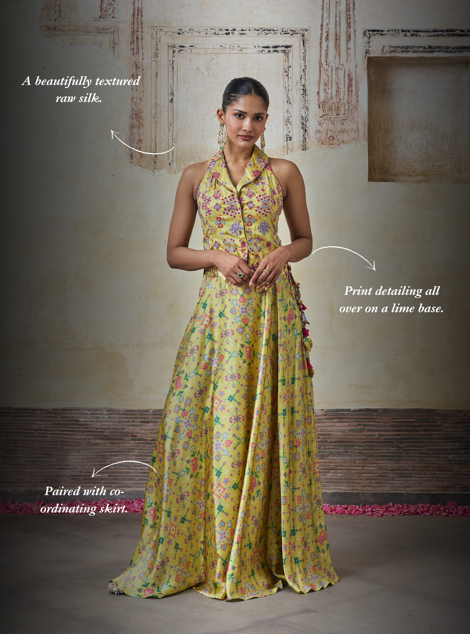 Sarangni Bemberg Raw Silk Printed Lime Waistcoat & Skirt Set