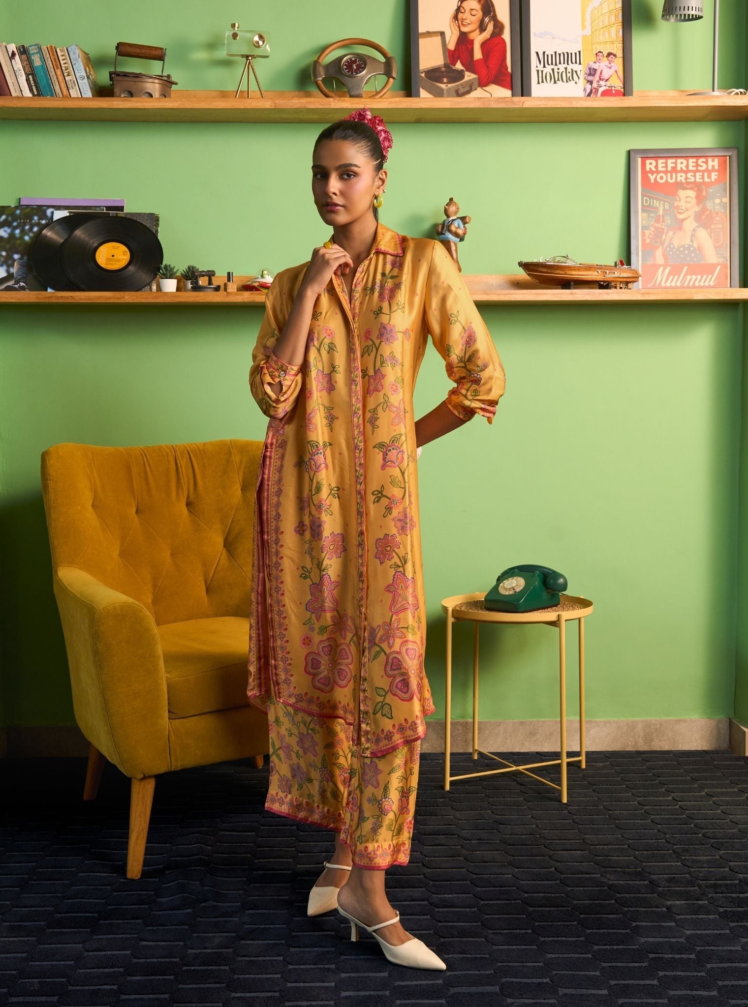 Mrina Cupro Satin Mustard Long Shirt Co-ord Set