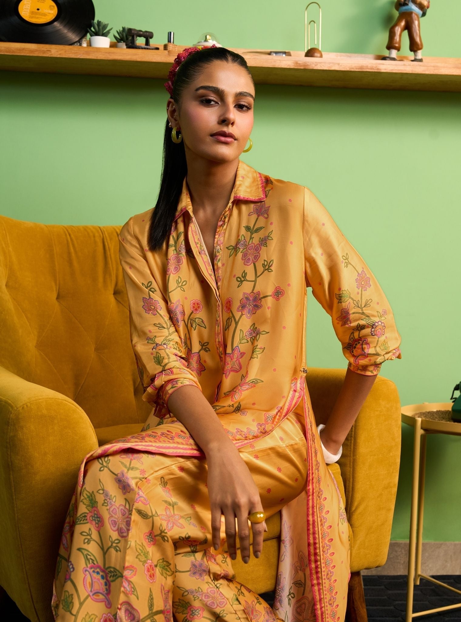 Mrina Cupro Satin Mustard Long Shirt Co-ord Set