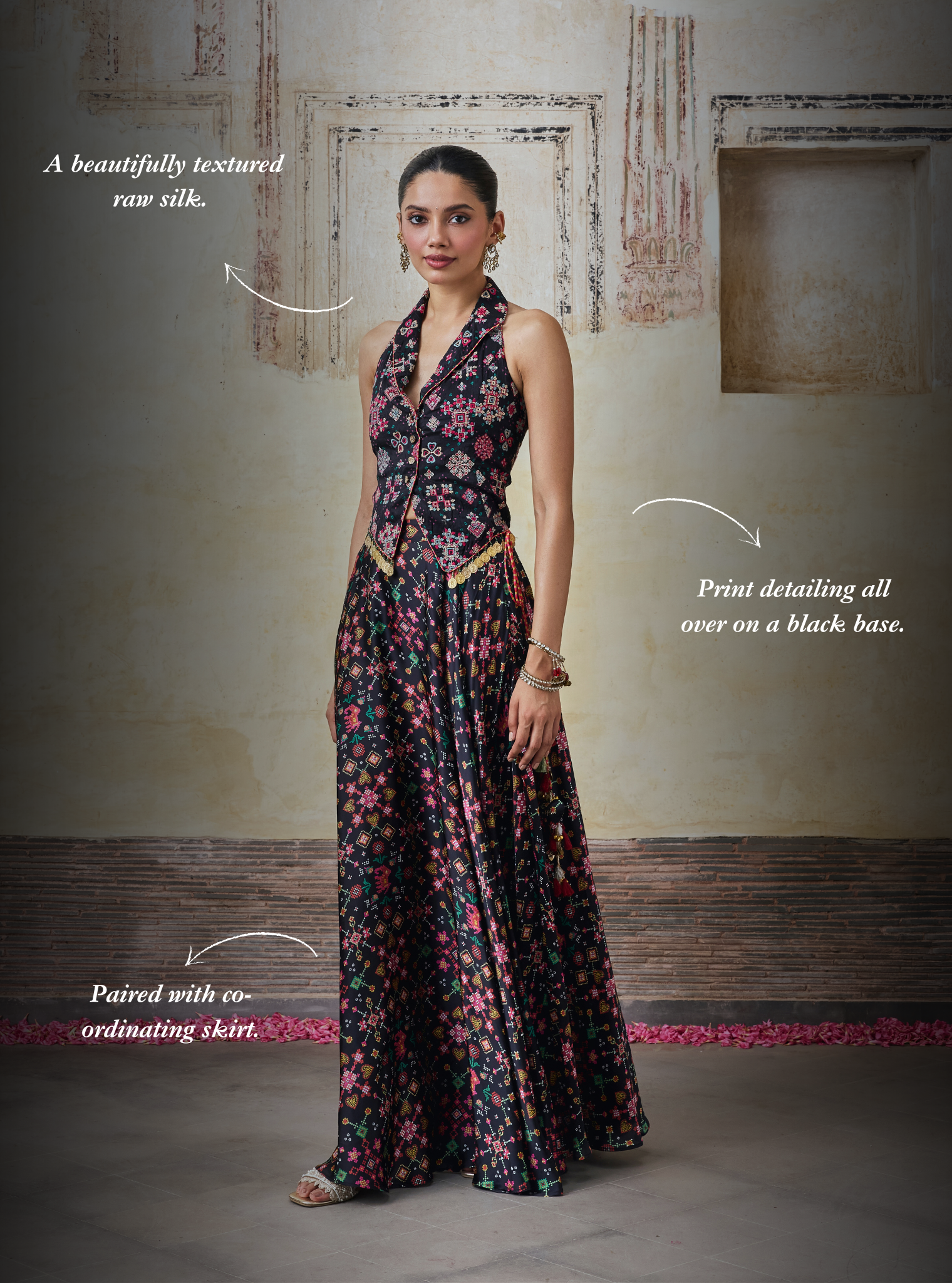 Sarangni Bemberg Raw Silk Printed Black Waistcoat & Skirt Set