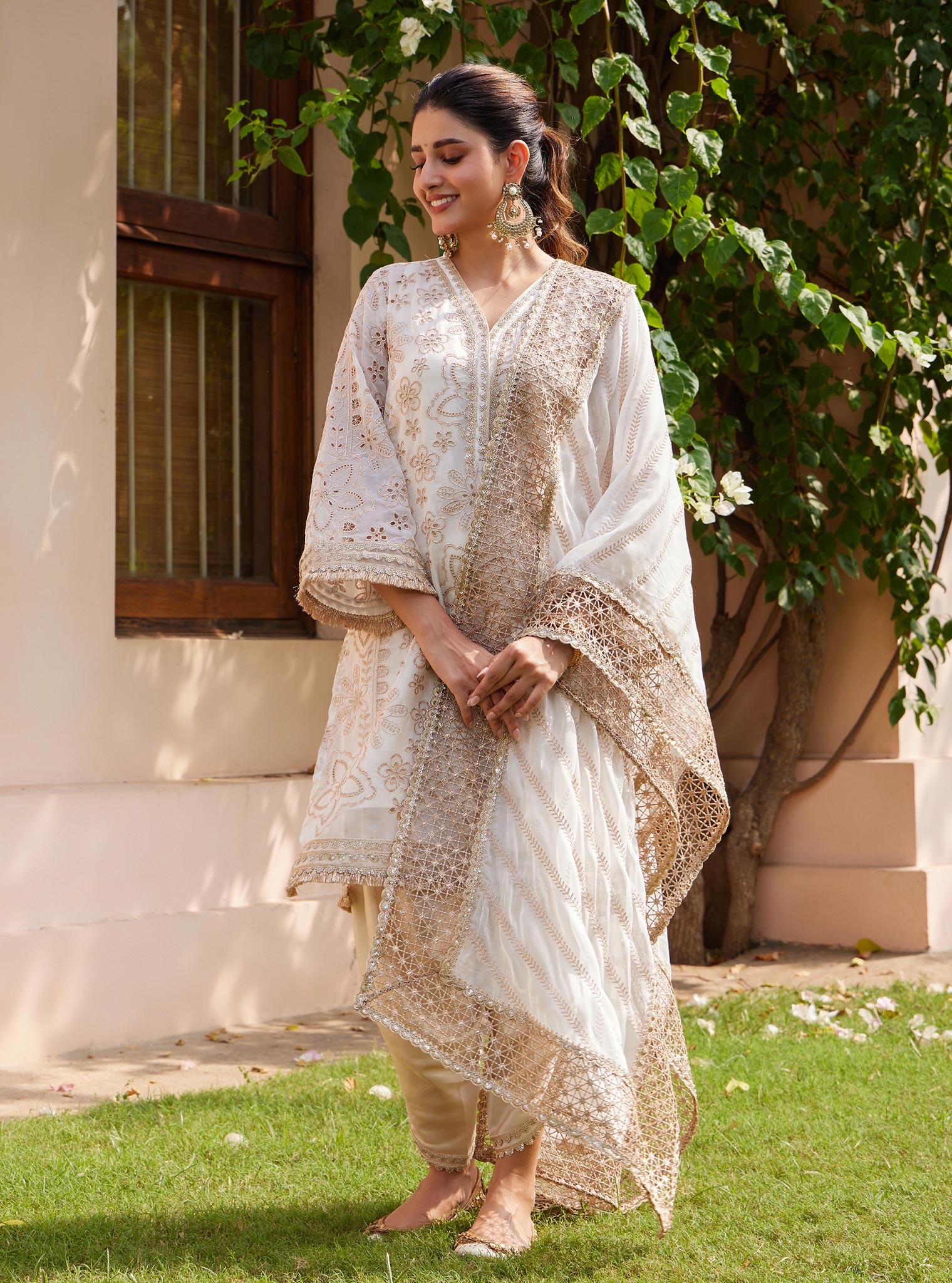 Mulmul Organza Ekani Off White Kurta