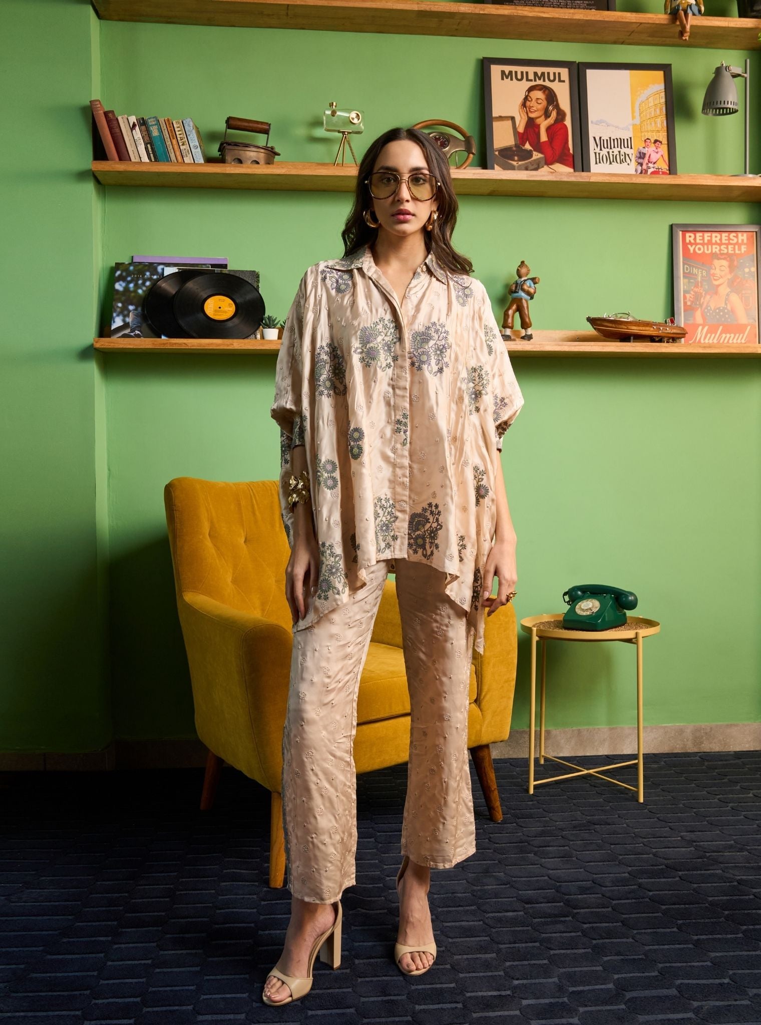 Siyaahi Cupro Satin Champagne Emebroidery Shirt Set