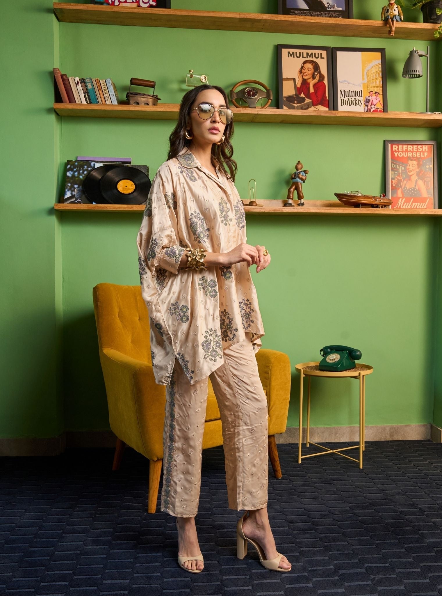 Siyaahi Cupro Satin Champagne Emebroidery Shirt Set