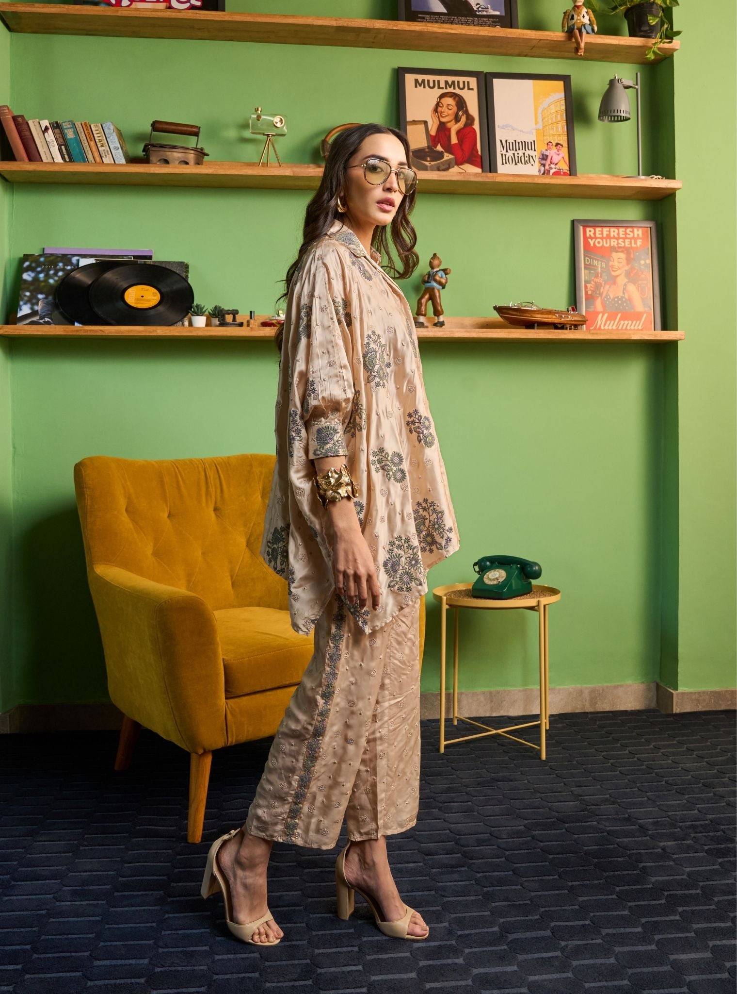 Siyaahi Cupro Satin Champagne Emebroidery Shirt Set