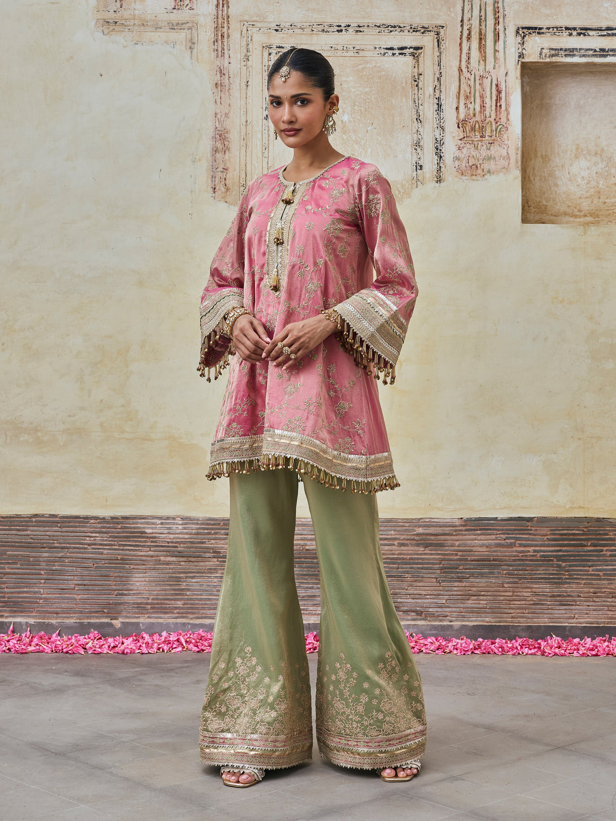 Odhira Tissue Organza Fuchsia & Green Sharara Set