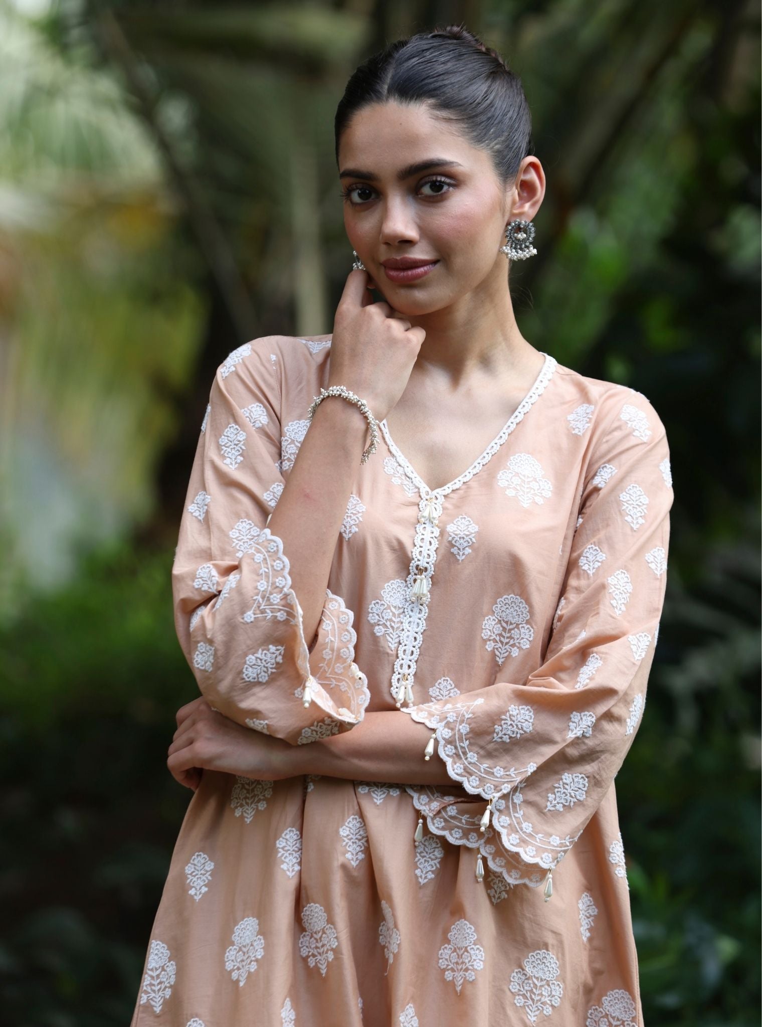 Mulmul Cotton Abana Caramel Brown Kurta With Mulmul Cotton Abana White + Caramel Brown Salwar