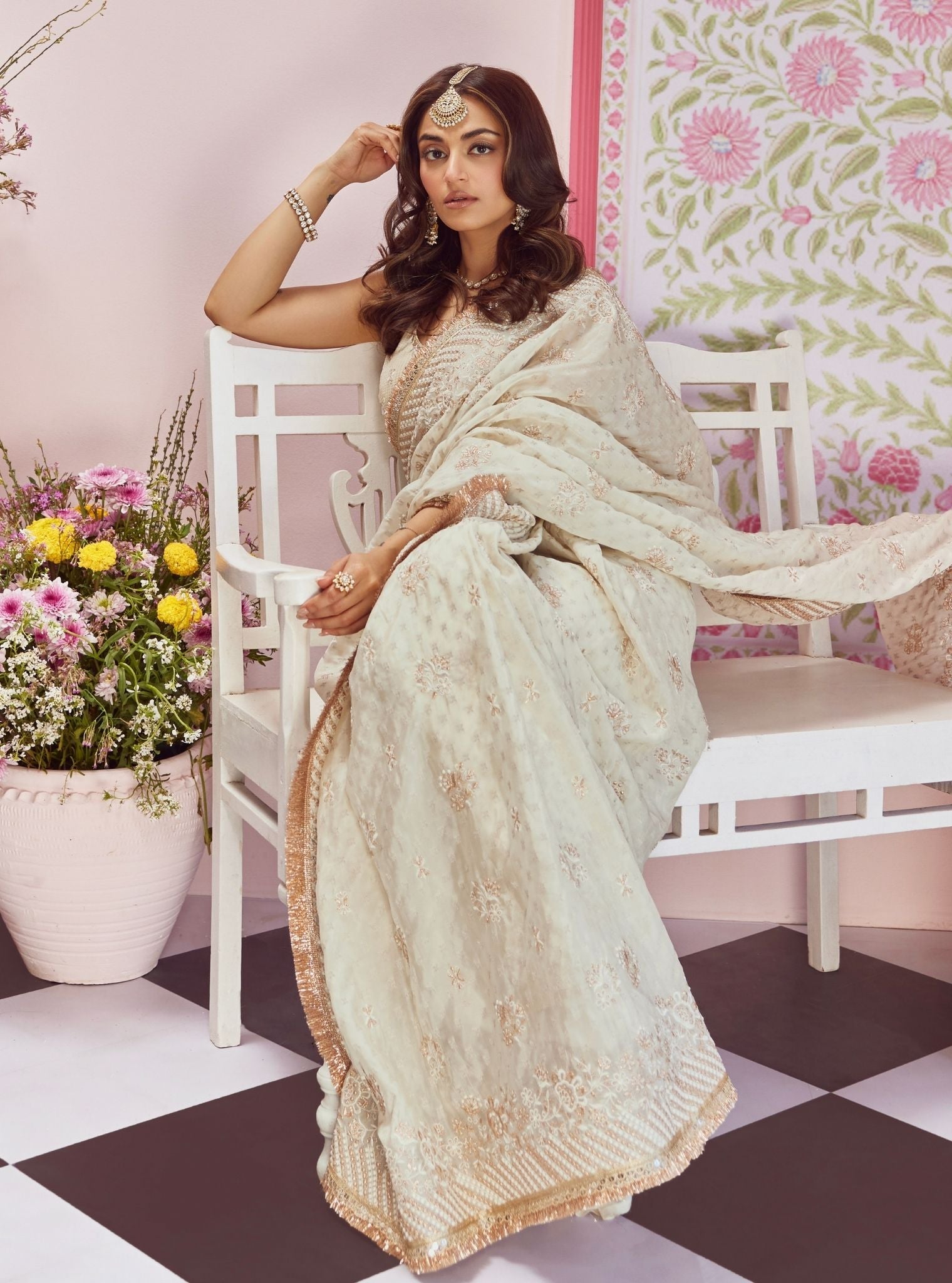 Mulmul Banarsi lagan Off White Saree