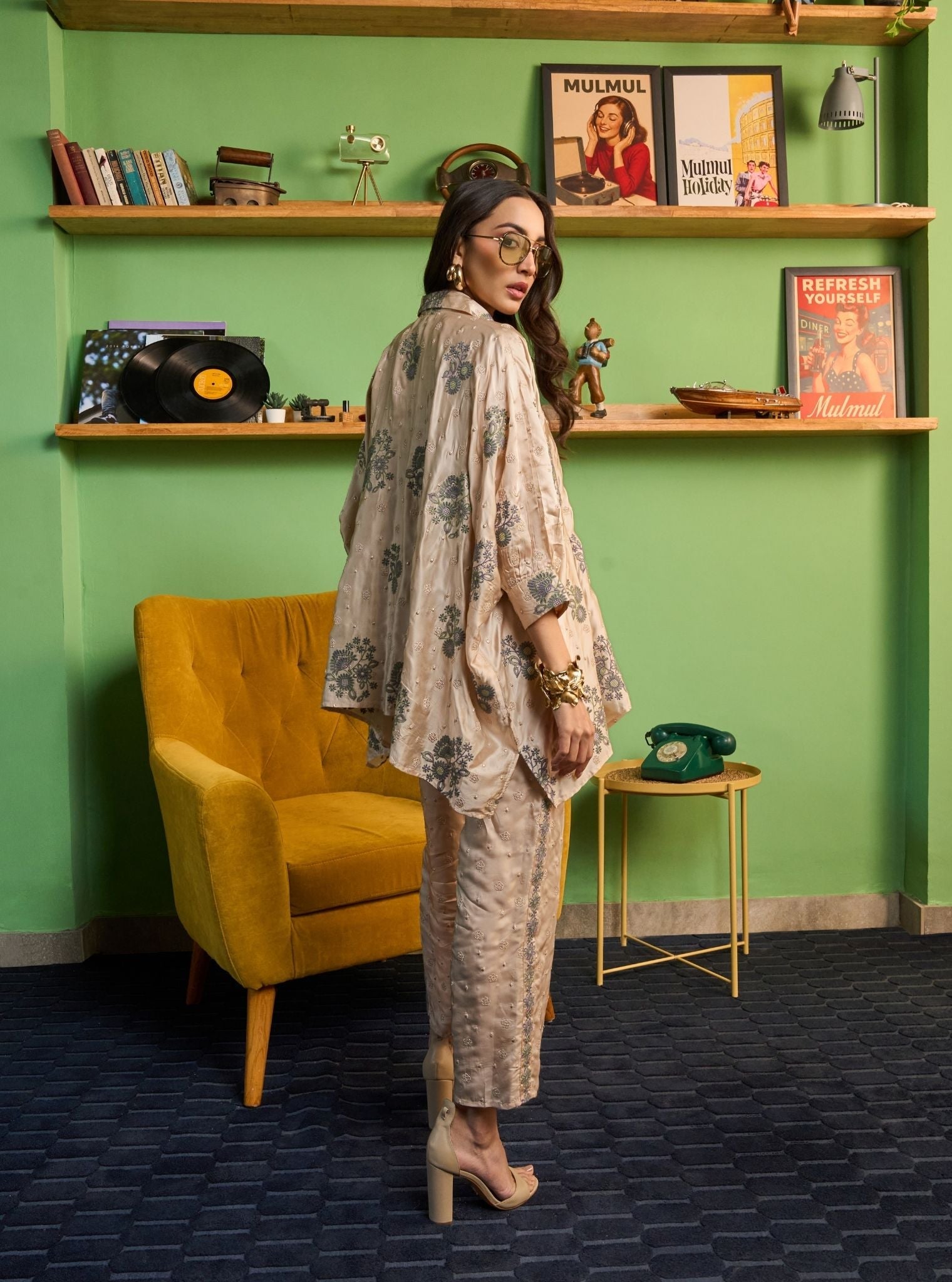 Siyaahi Cupro Satin Champagne Emebroidery Shirt Set