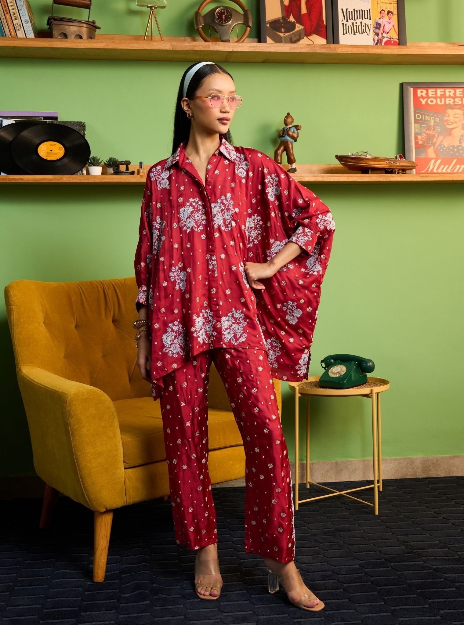 Siyaahi Cupro Satin Red Emebroidery Shirt Set