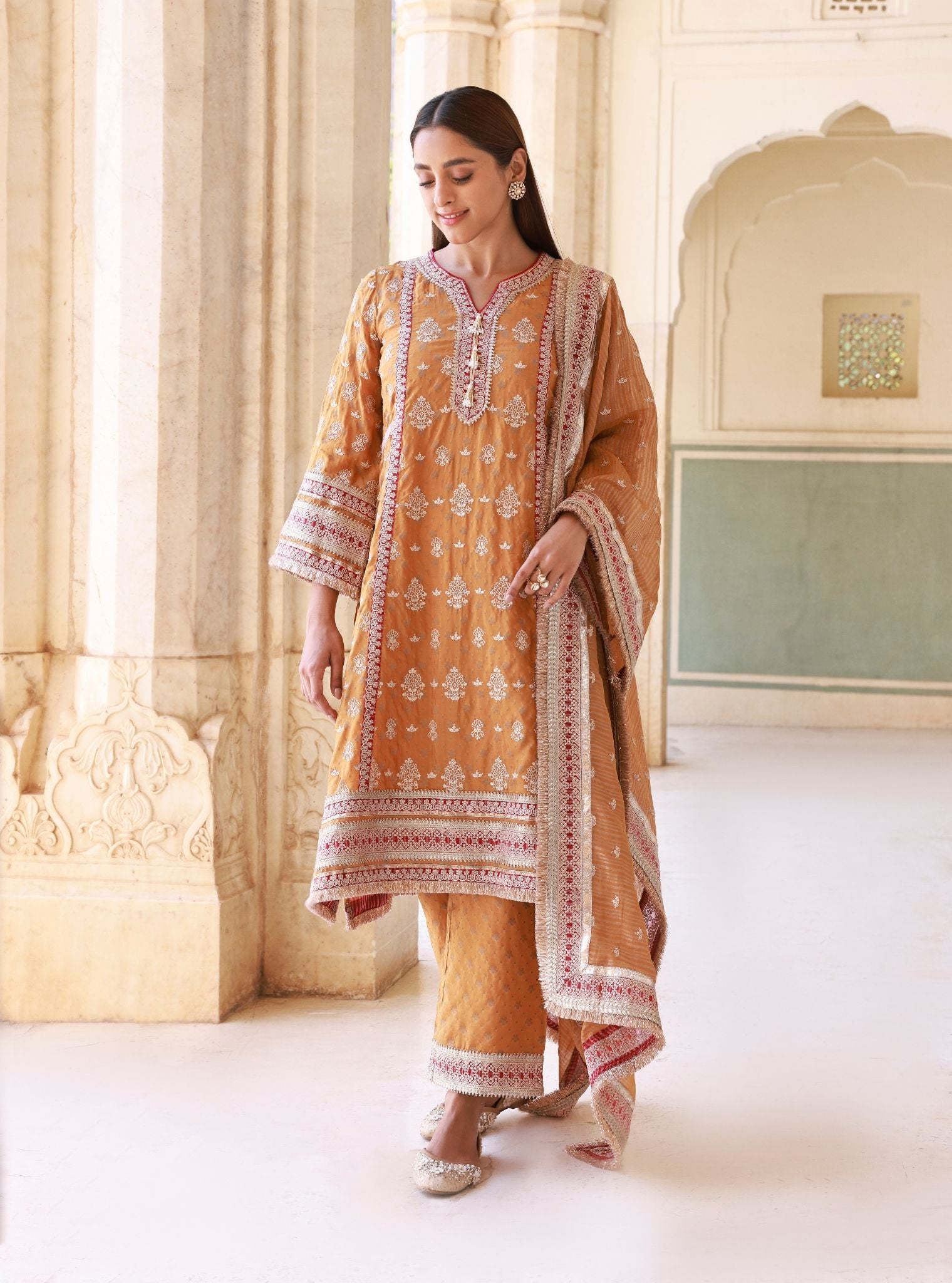 Aryela Mustard Banarsi Kurta Set