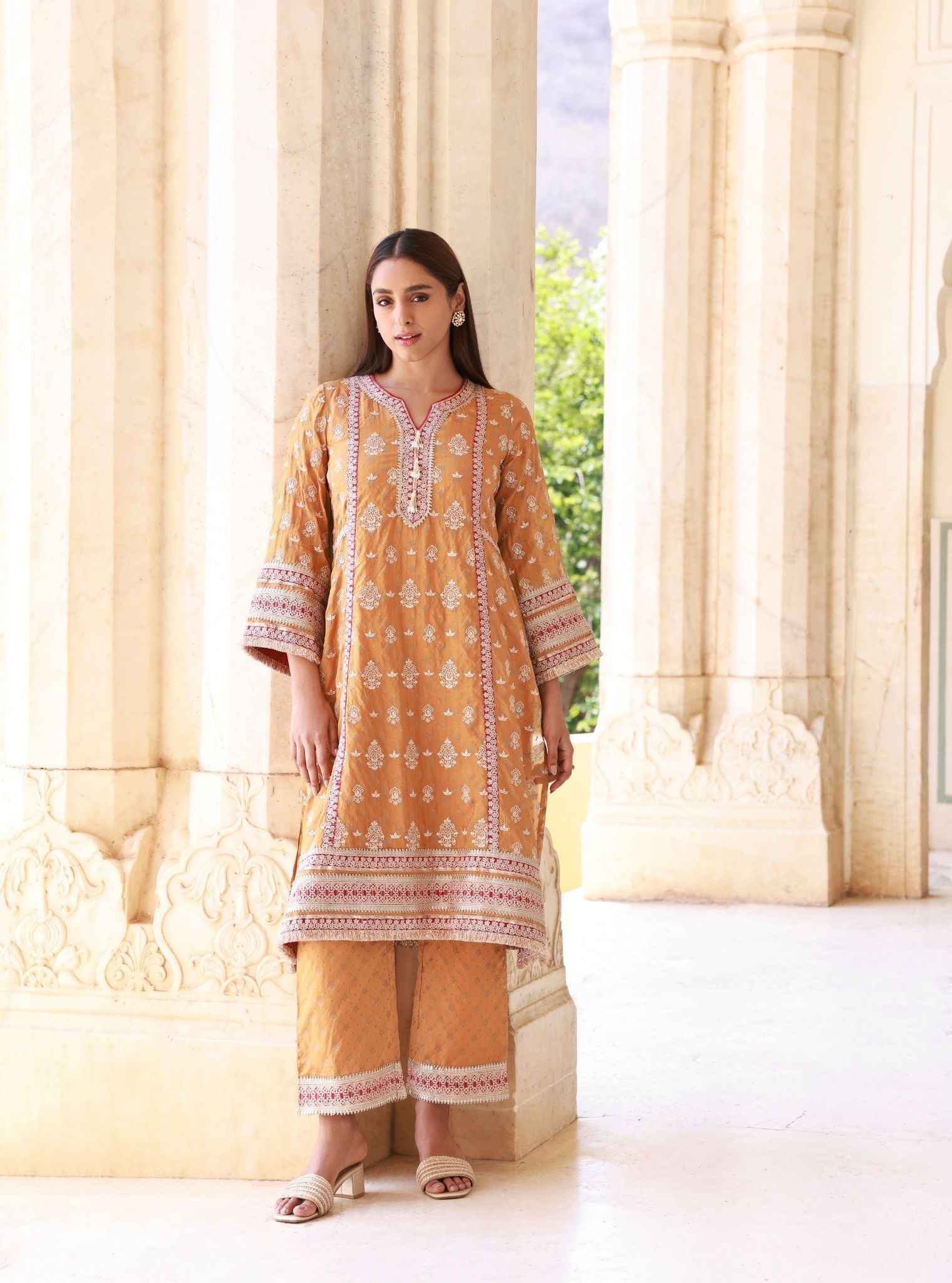 Aryela Mustard Banarsi Kurta Set