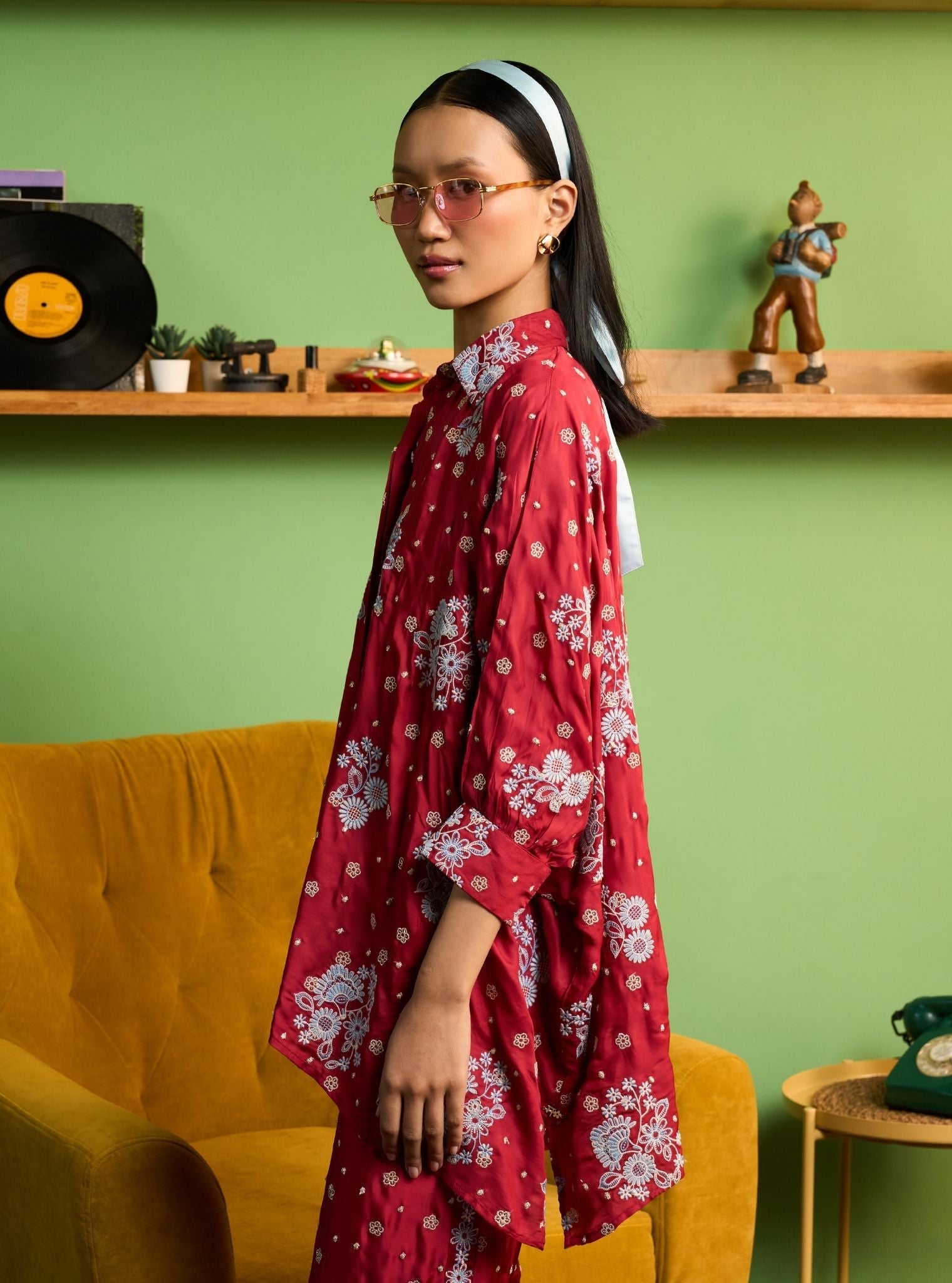 Siyaahi Cupro Satin Red Emebroidery Shirt Set