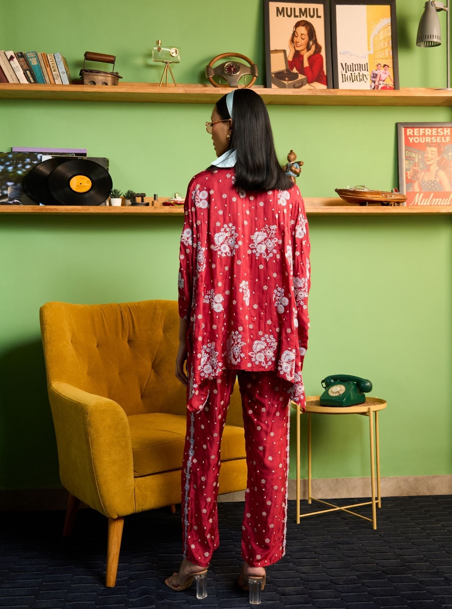 Siyaahi Cupro Satin Red Emebroidery Shirt Set