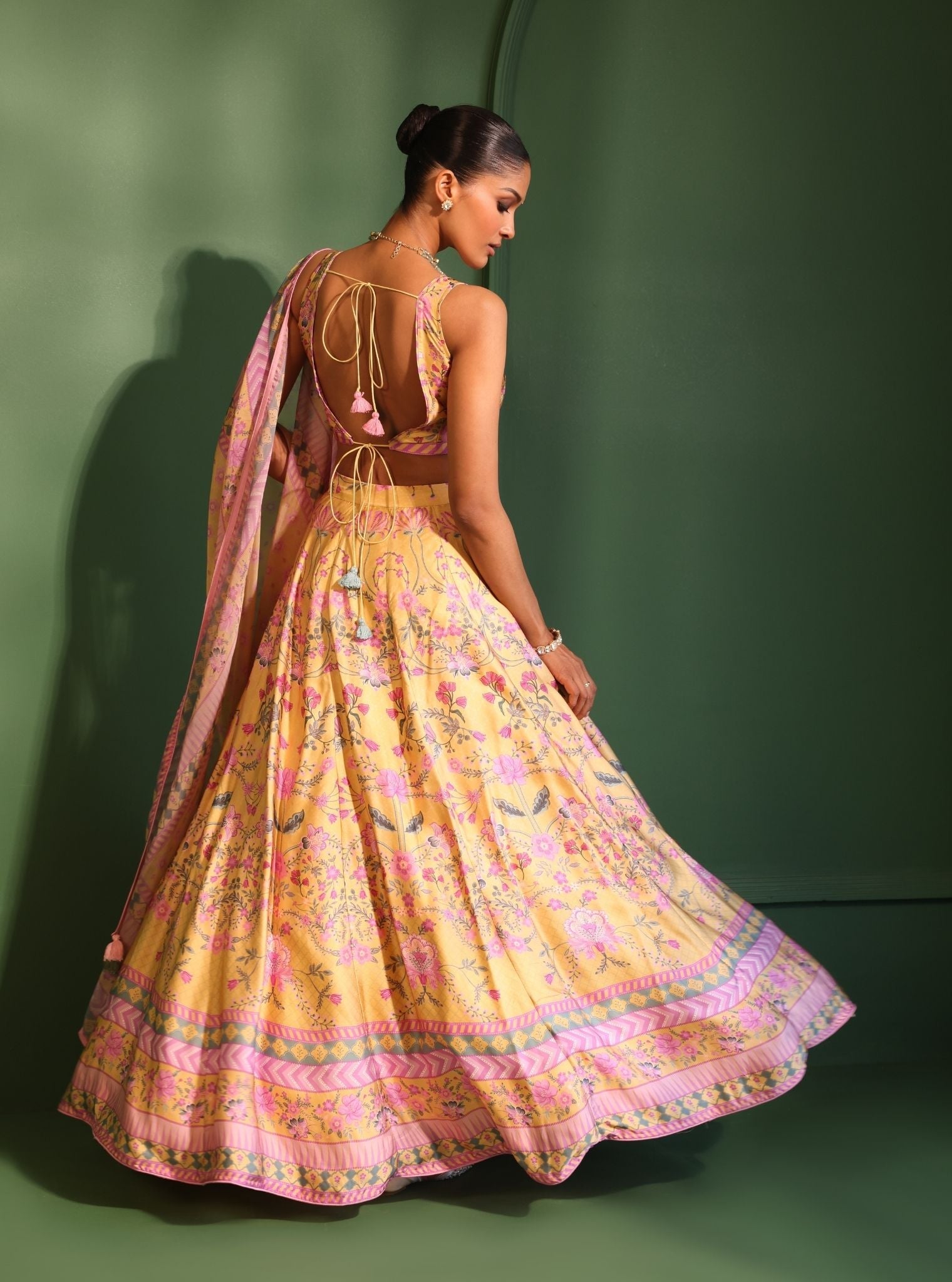 Mulmul Cupro Satin Printed Jhanak Yellow Lehenga