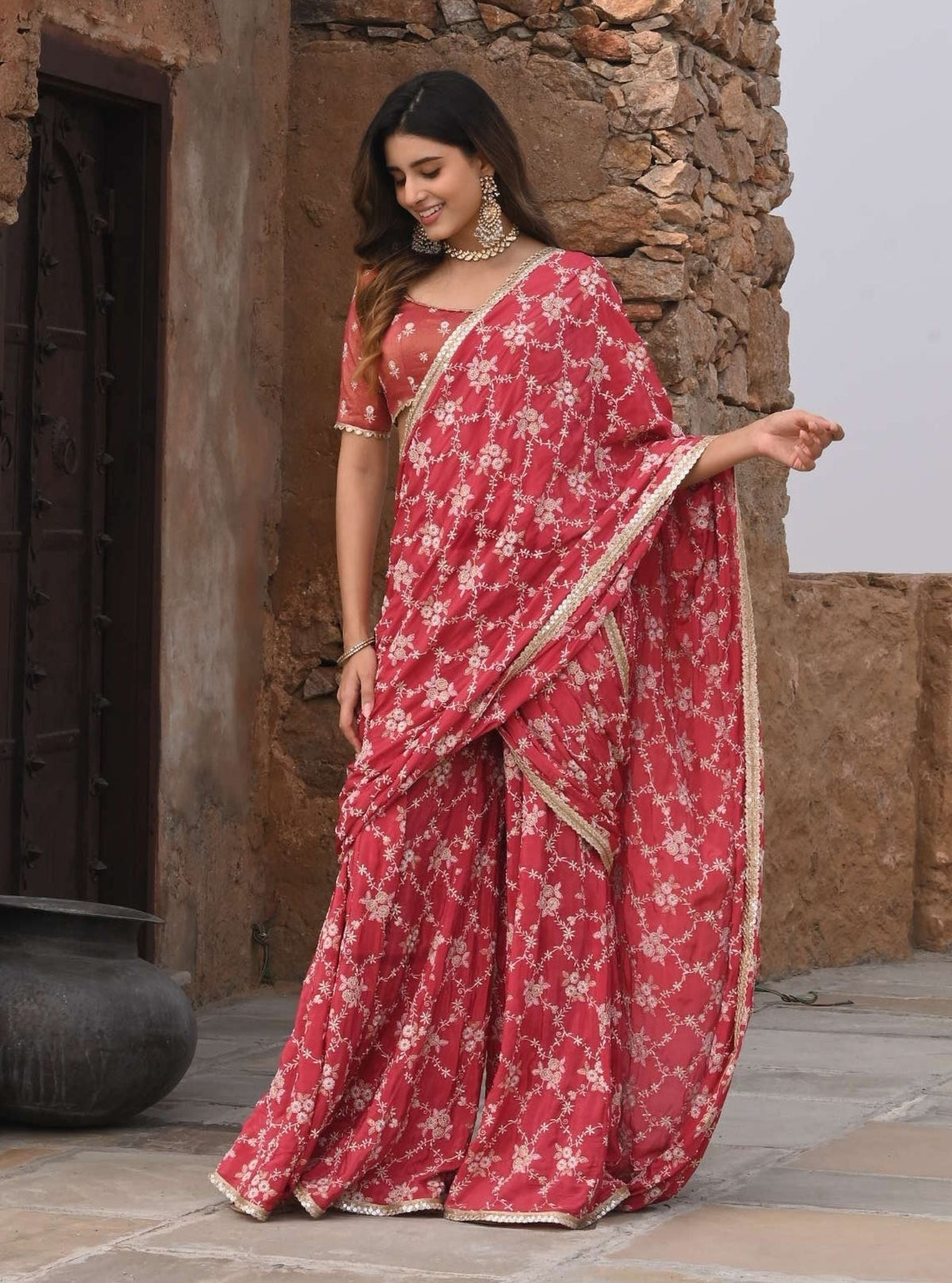 Raahi Crepe Red Pre-Stitched Saree