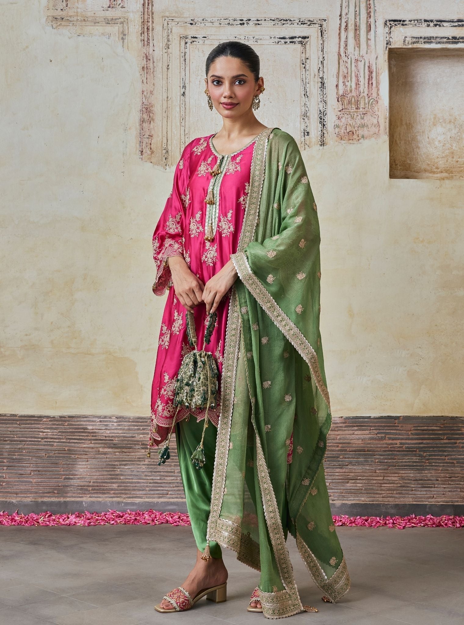 Saazni Cupro Satin Fuchsia Kurta with Matcha Green Dhoti Pants