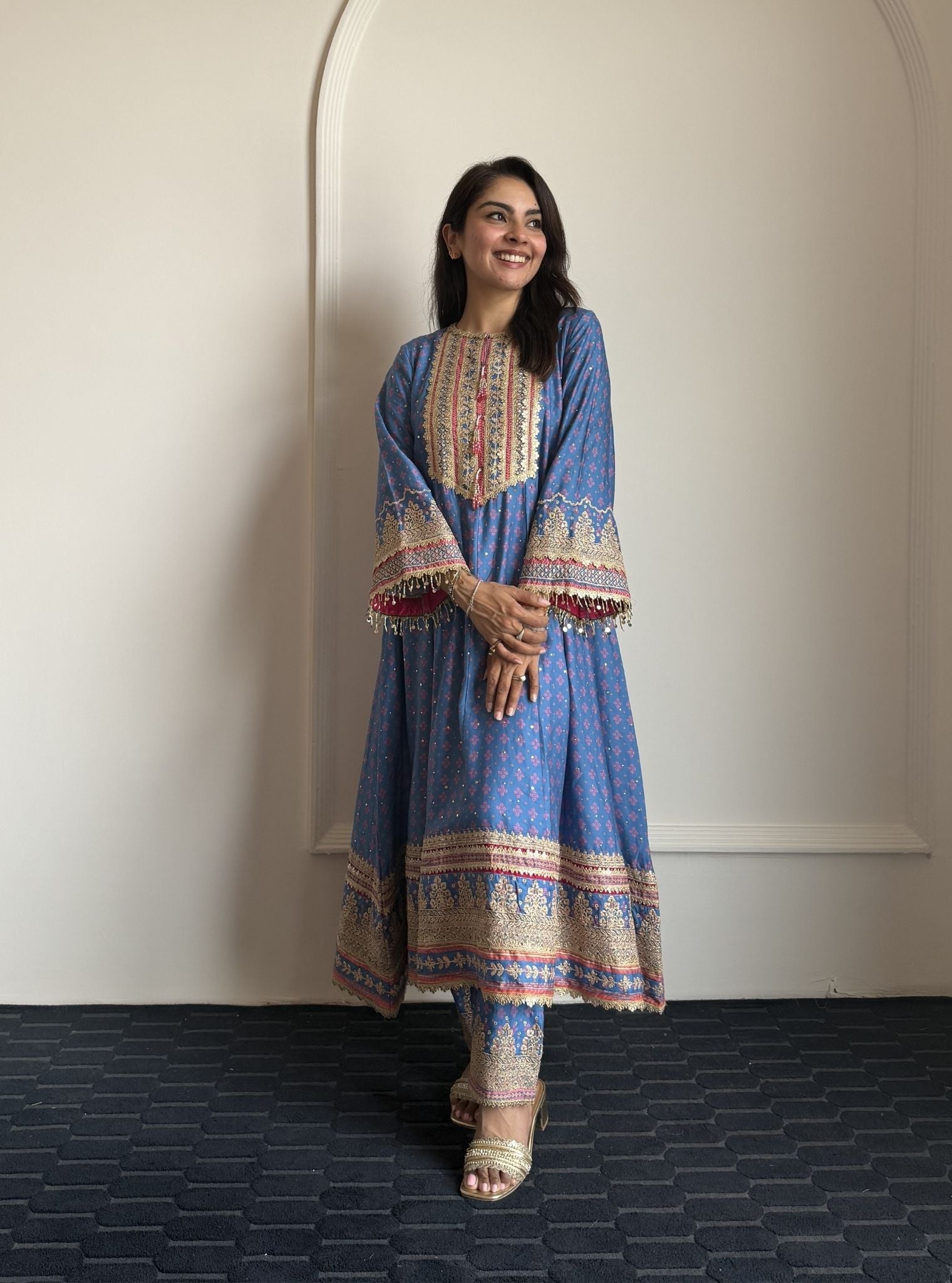 Maitri Pima Satin Steel Blue Kurta Set