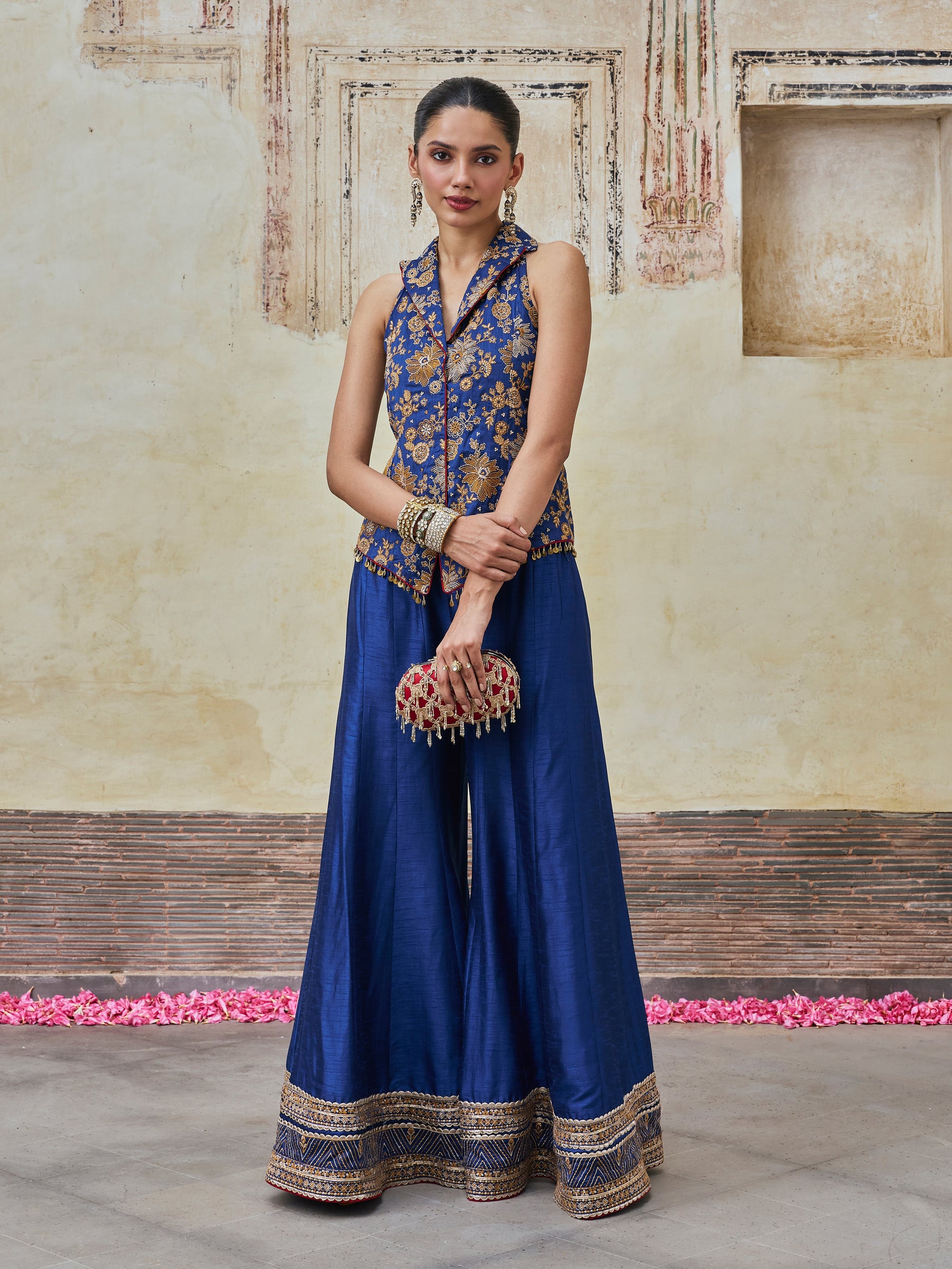 Kairavi Bemberg Raw Silk Blue Waistcoat & Sharara