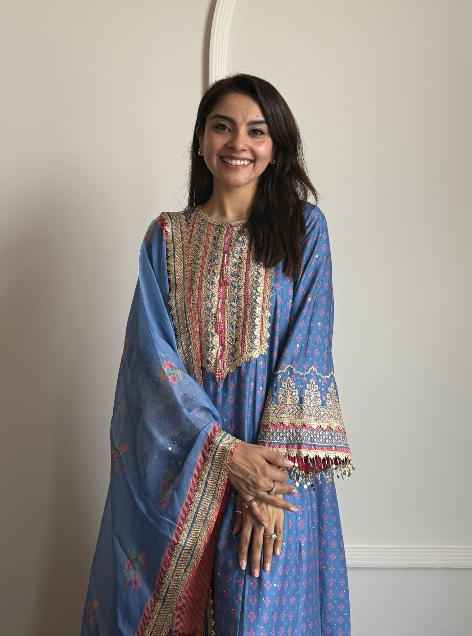 Maitri Pima Satin Steel Blue Kurta Set