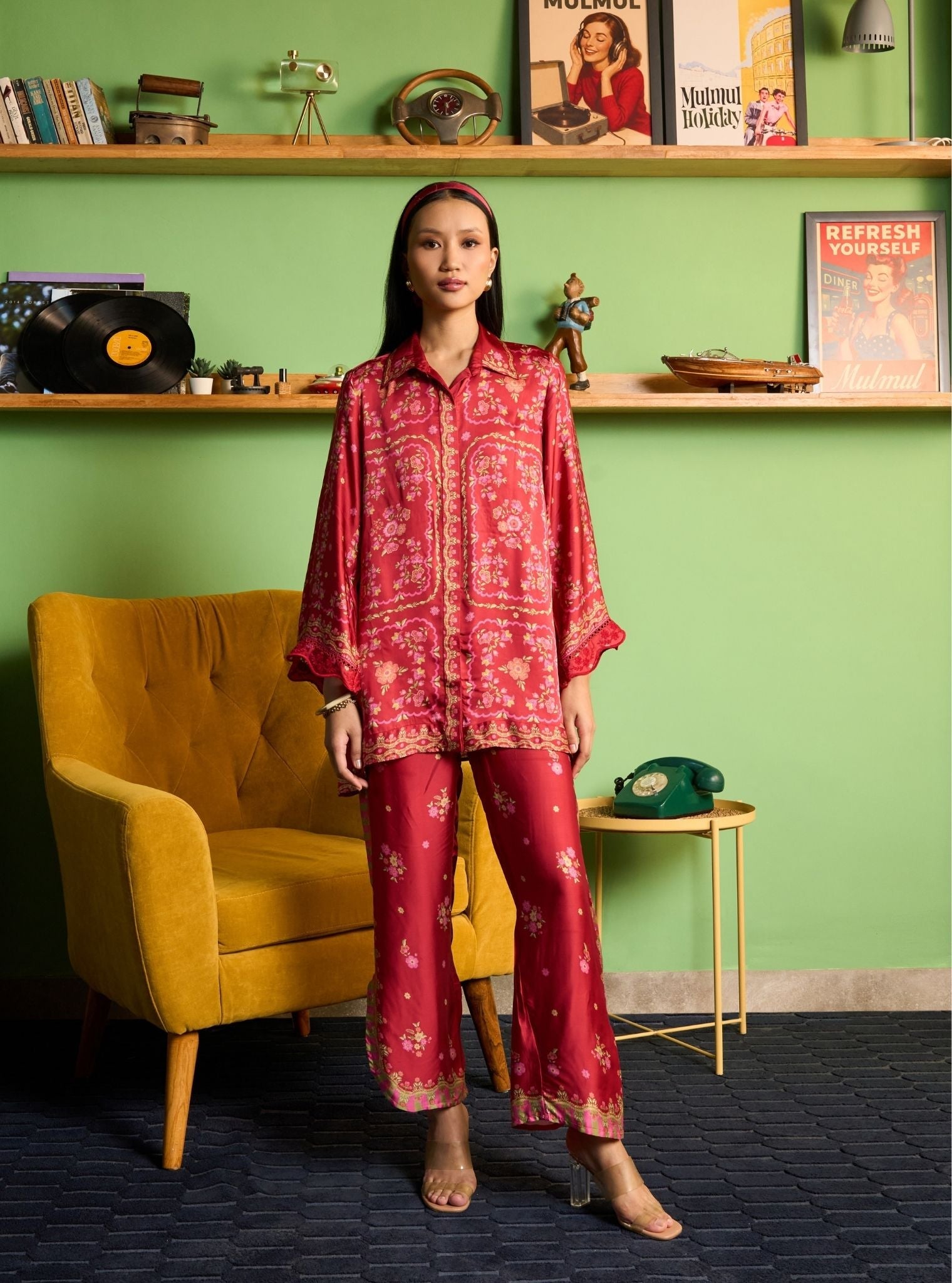 Akhzari Cupro Satin Red Printed Shirt Set
