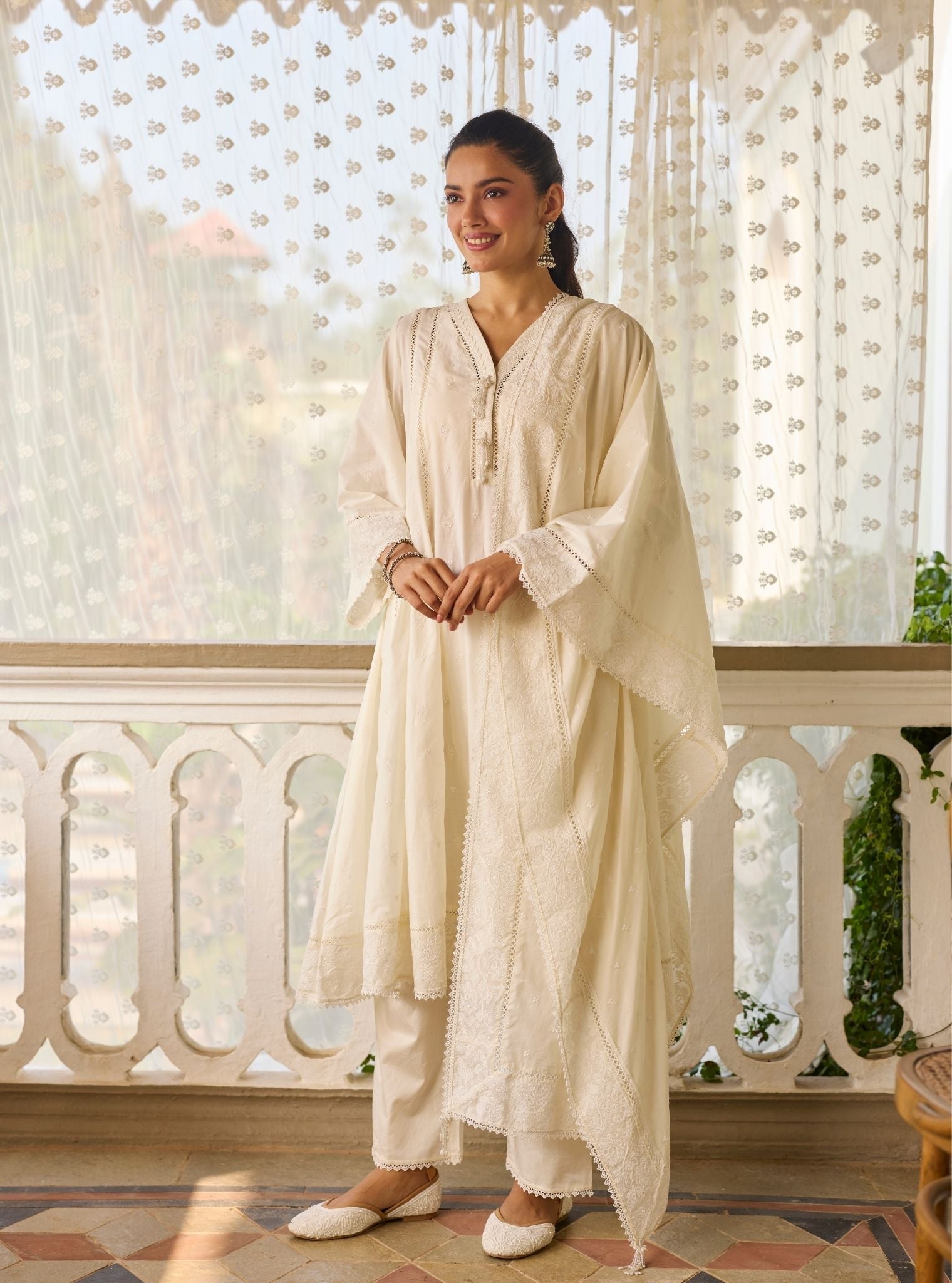 Mysaara Supima Cotton Off-White Anarkali Kurta Set