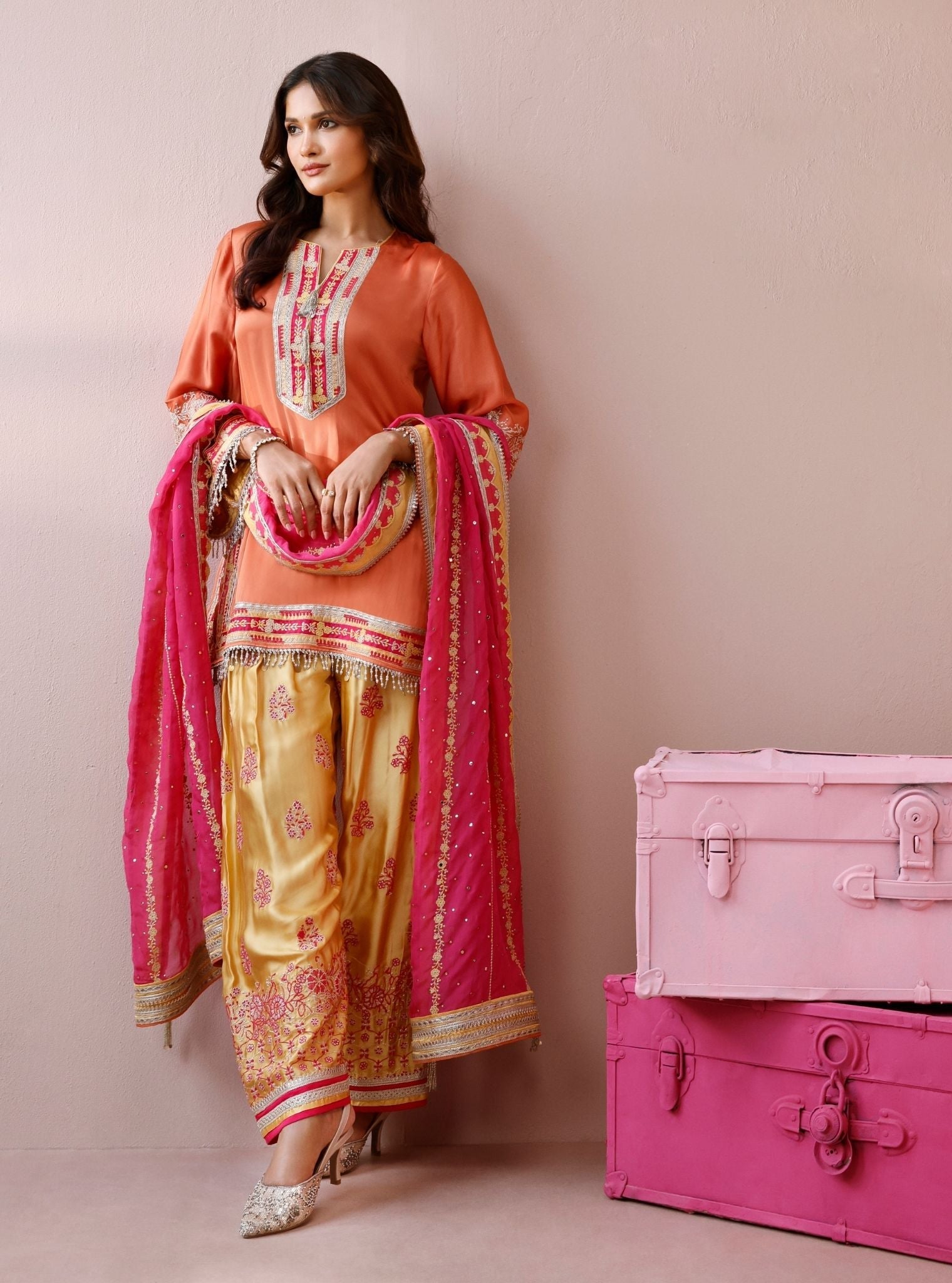 Shvi Cupro Satin Orange Kurta With Farshi Salwar