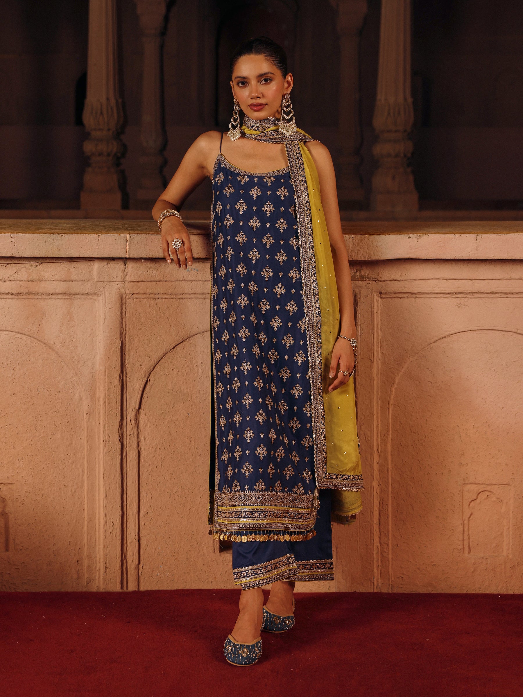 Tori Pima Satin Navy Strappy Long Kurta Set