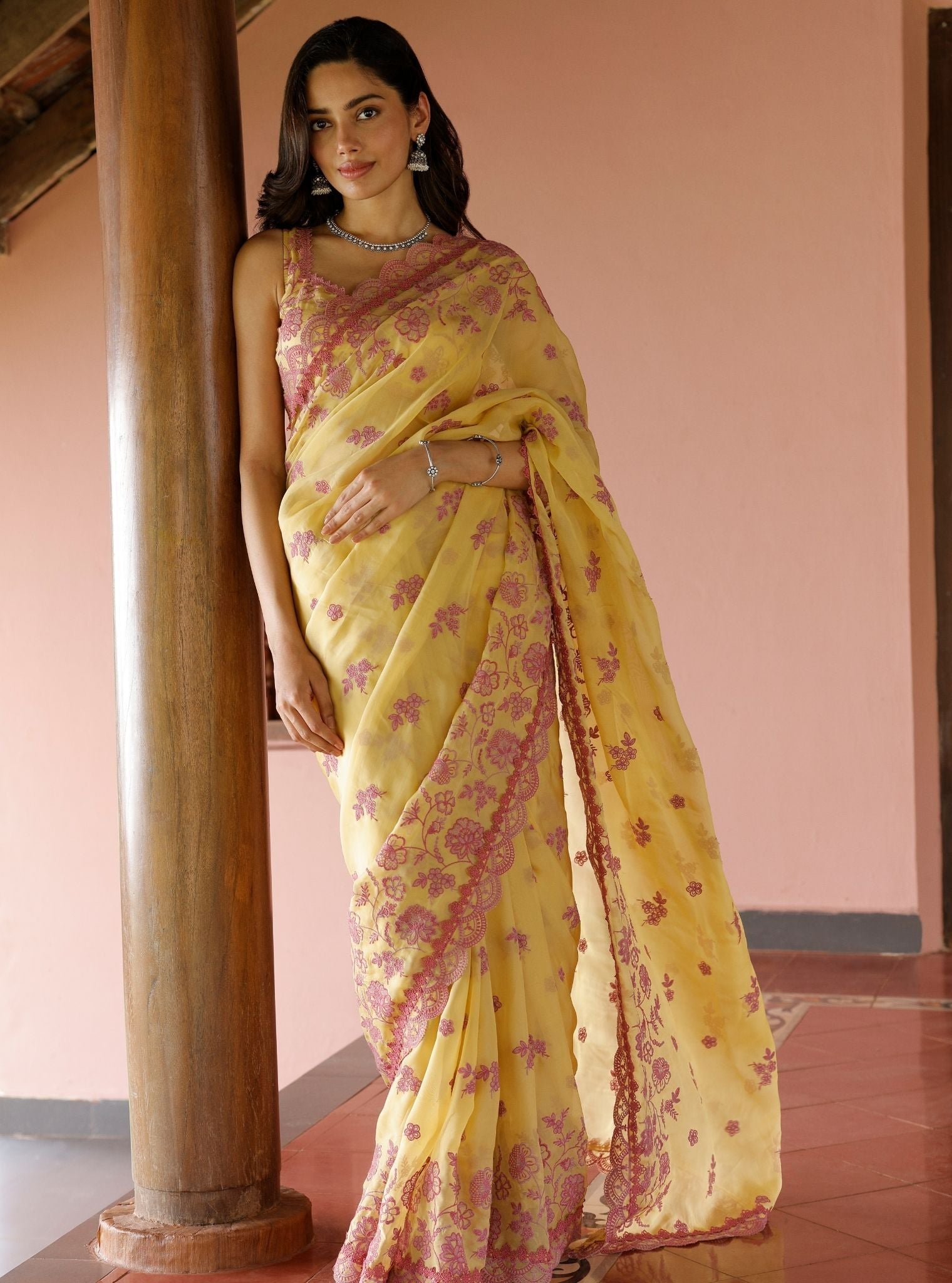 Mulmul Organza Chia Yellow Saree