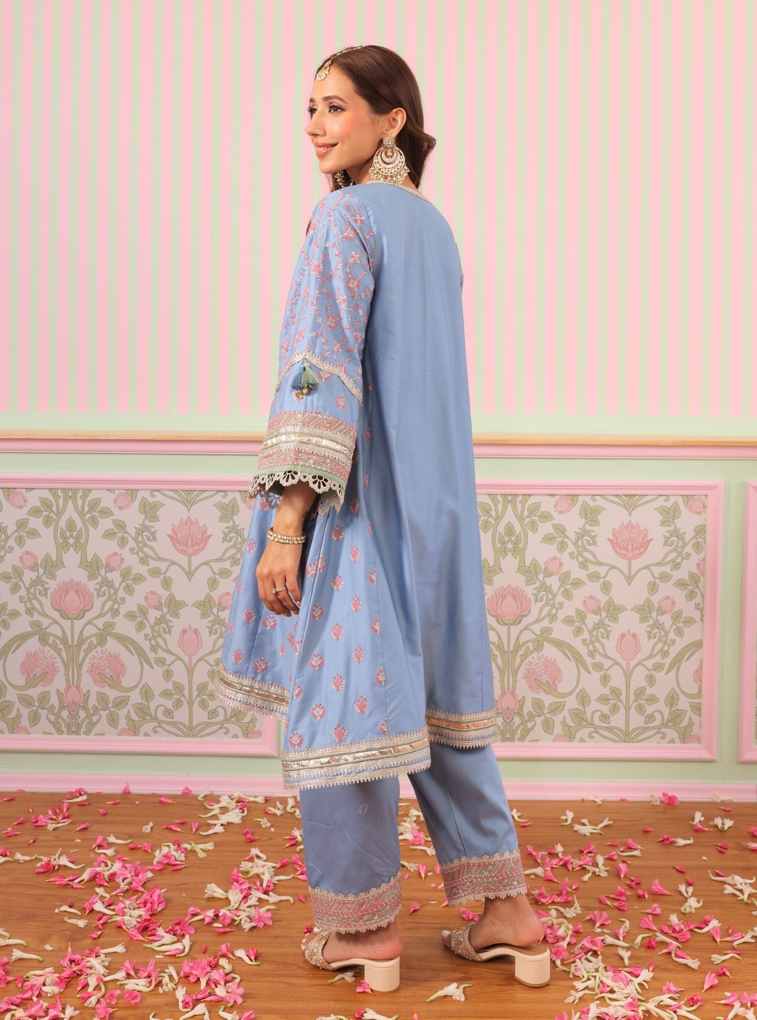 Mulmul Pima Satin Bandhan Denim Kurta With Mulmul Pima Satin Bandhan Denim Pant