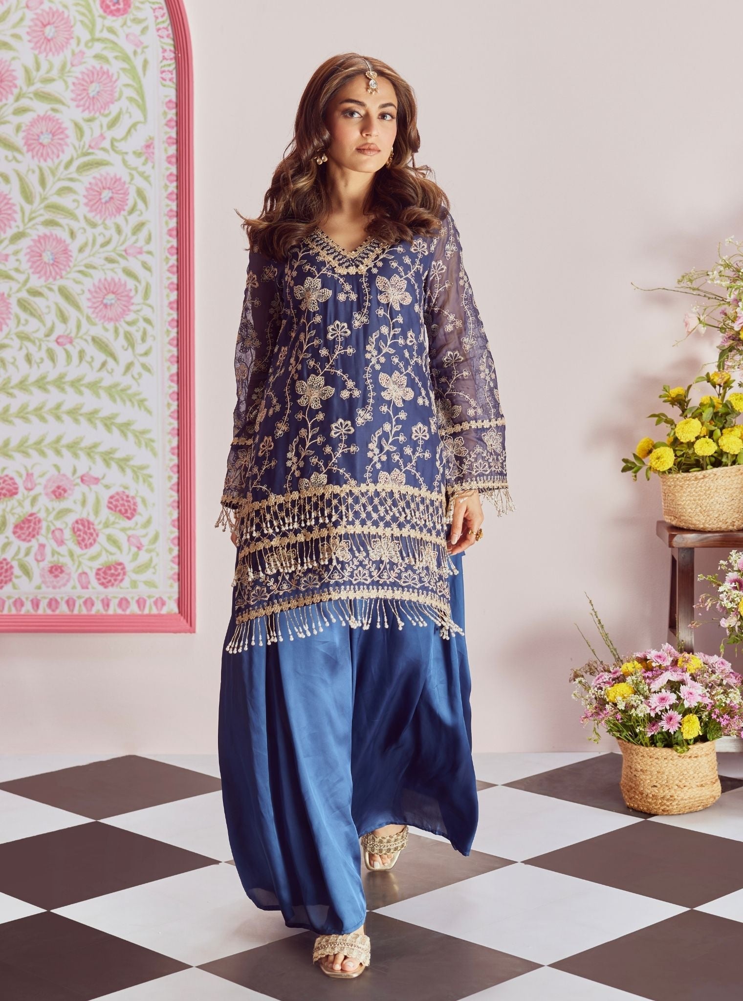 Mulmul Organza Raag Navy Kurta With Mulmul Cupro Satin Raag Navy Sharara