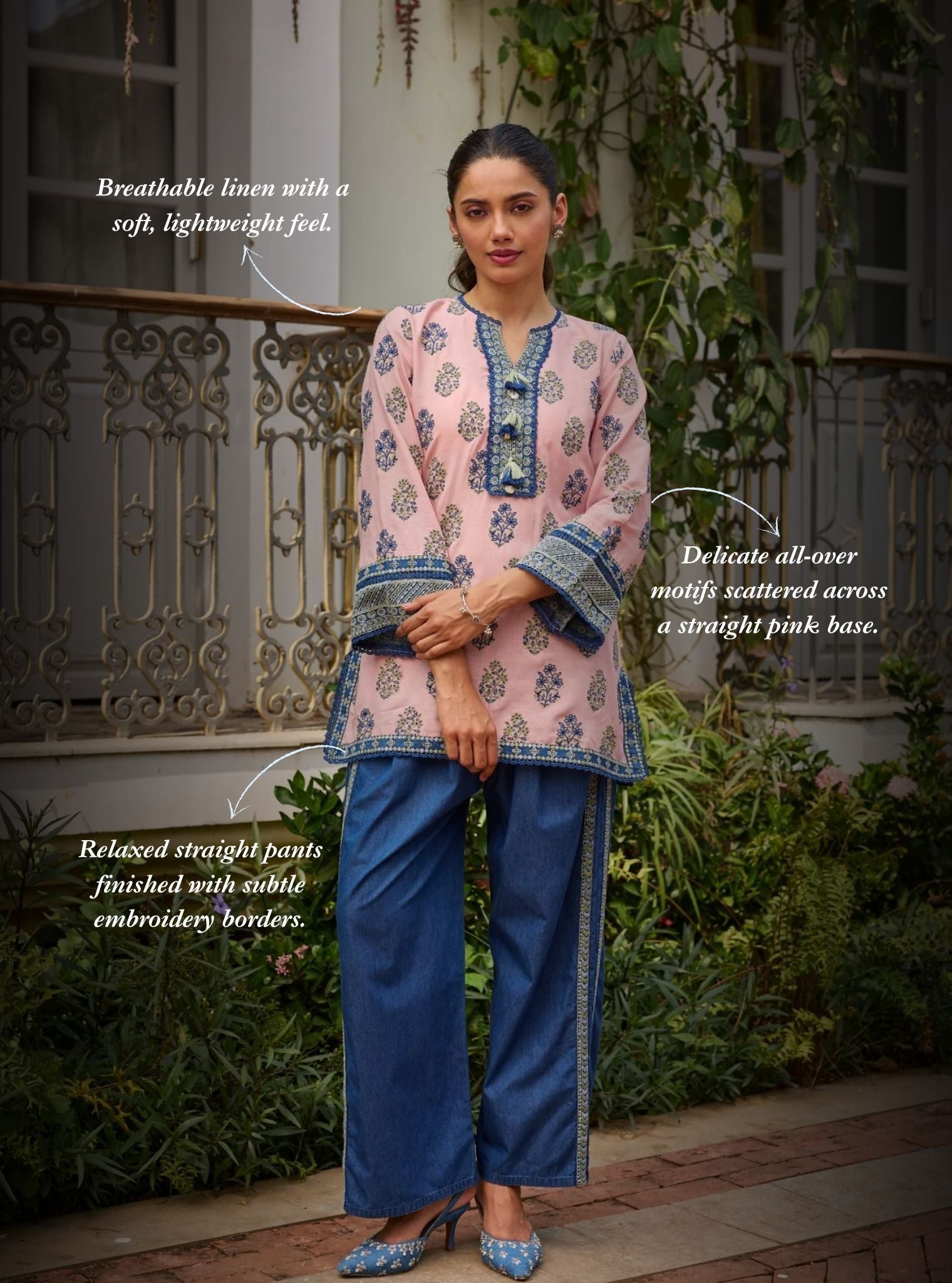 Rano Linen Pink Short Kurta Set