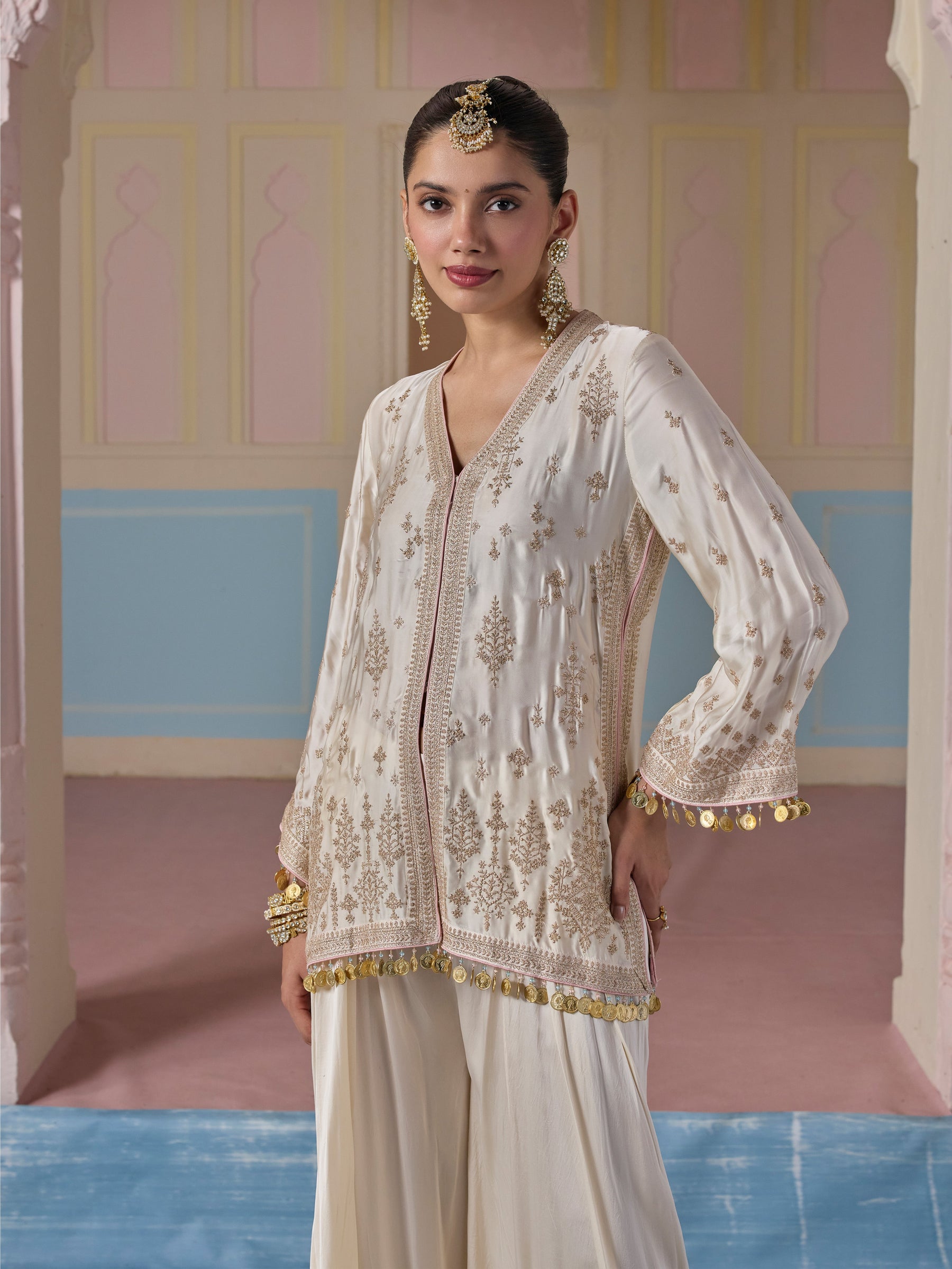 Laado Cupro Satin Off White Jacket with Draped Pants