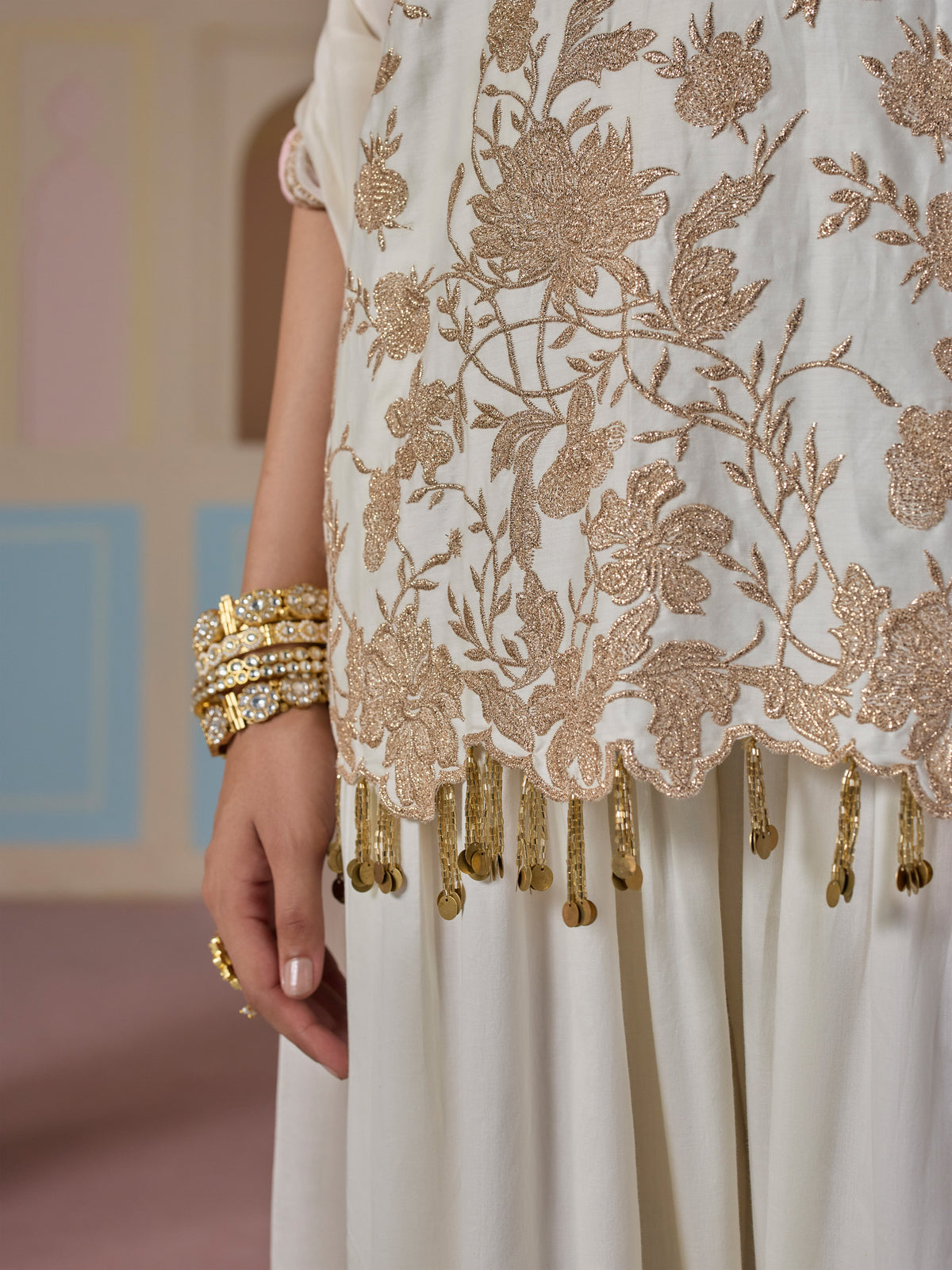 Mala Pima Satin Off White Kurta with Farshi Pants
