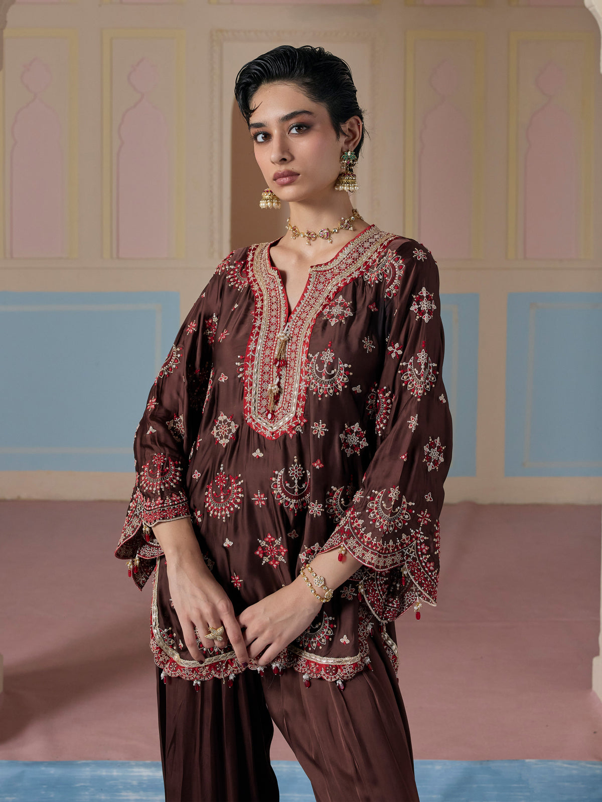Jori Cupro Satin Brown Kurta With Farshi Salwar