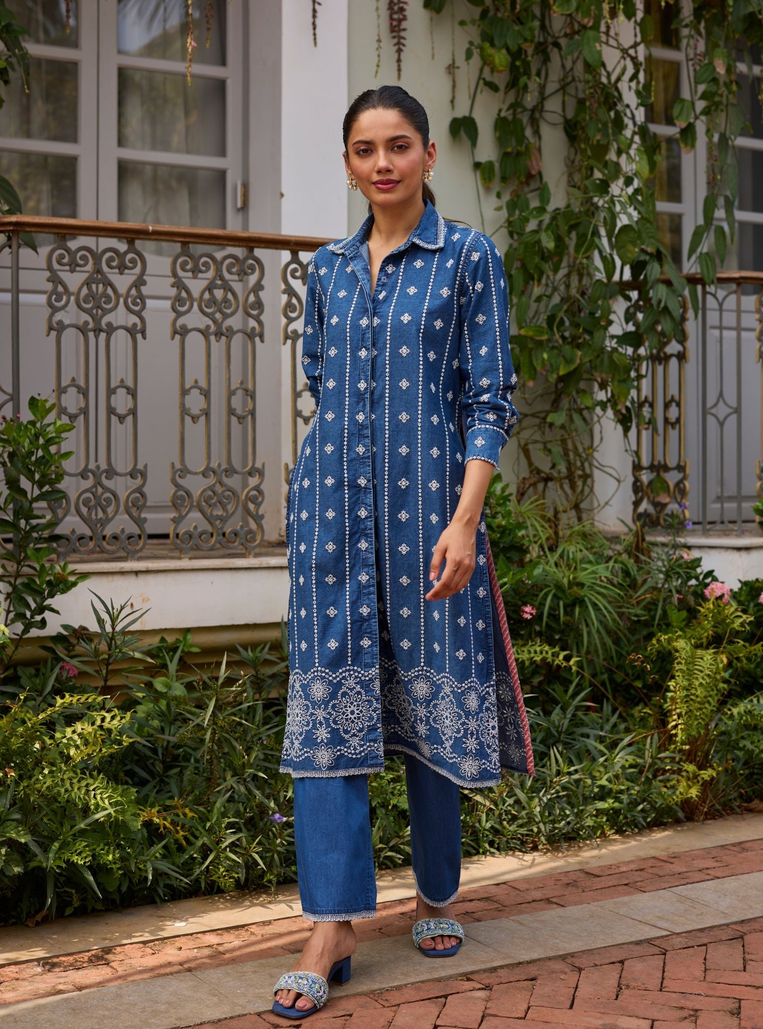 Veena Denim Long Shirt Set