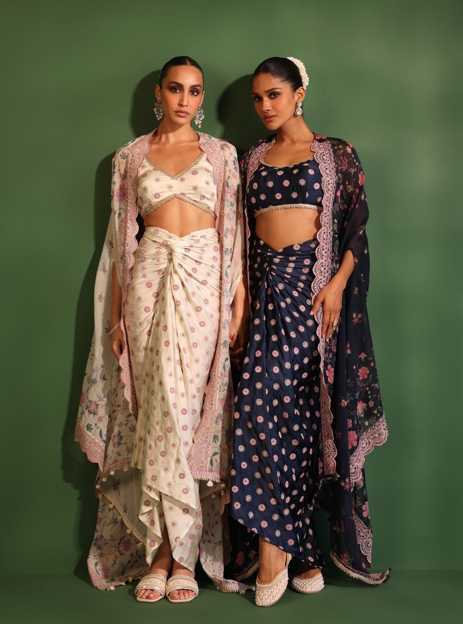 Laila Organza Printed Off White Cape Shrug With Skirt