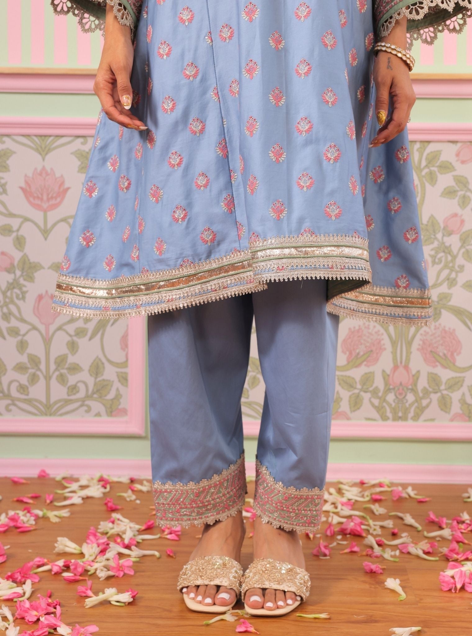 Mulmul Pima Satin Bandhan Denim Kurta With Mulmul Pima Satin Bandhan Denim Pant