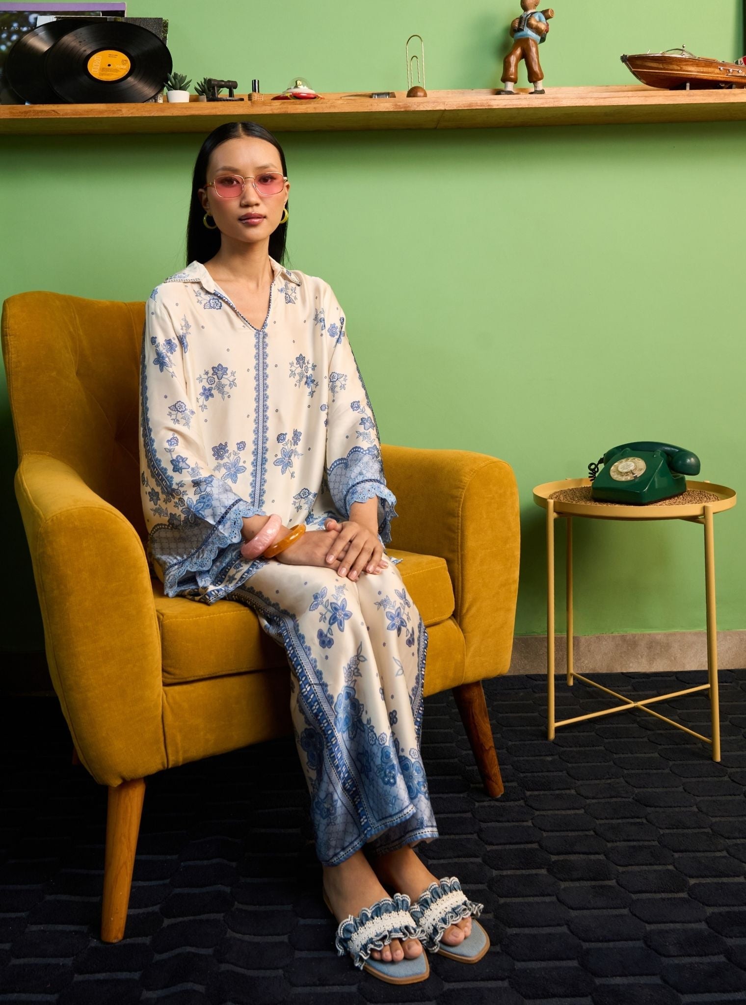 Mehrang Cupro Satin Off White Printed Shirt Set