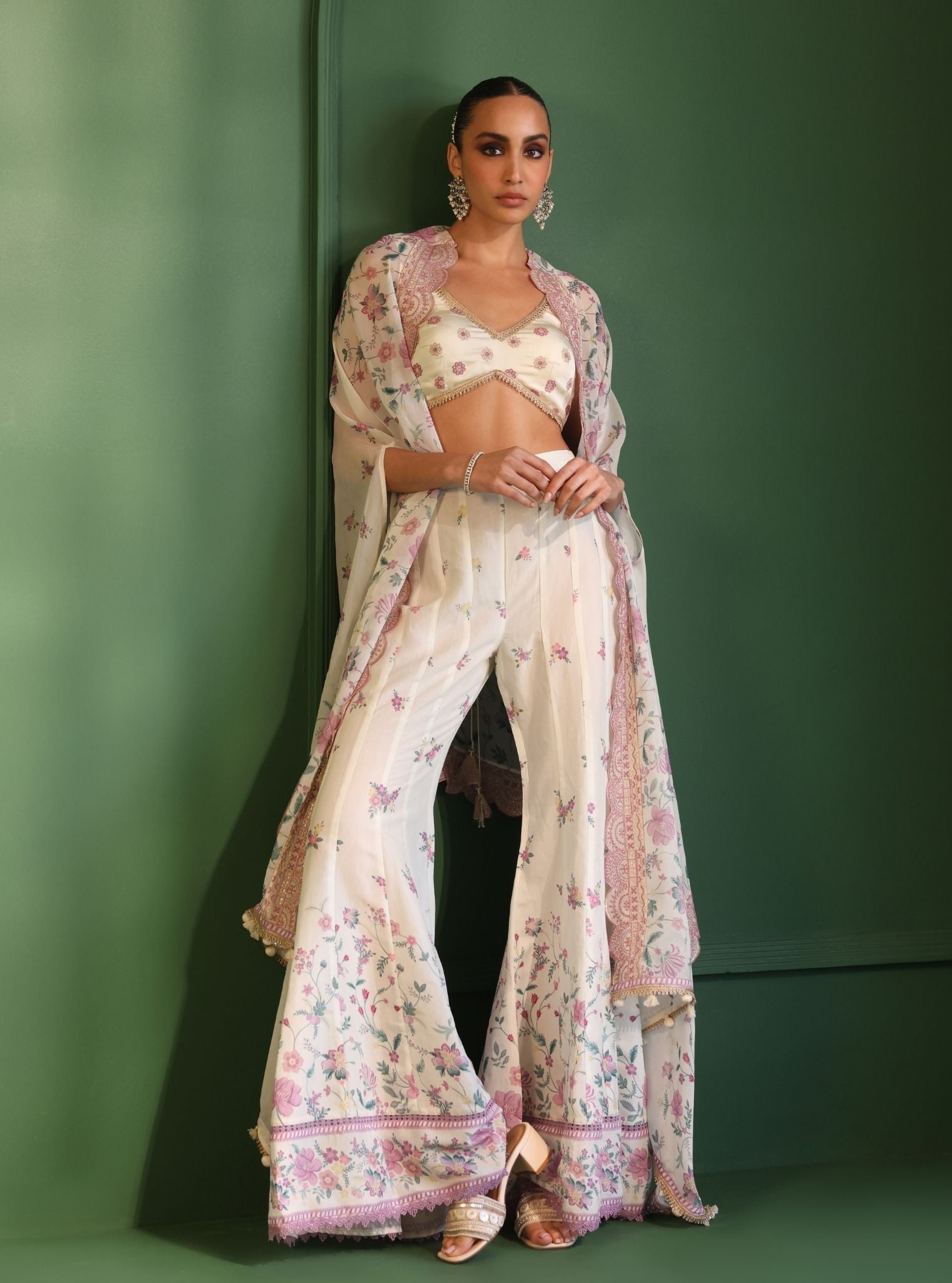 Laila Organza Printed Off White Cape Shrug With Sharara