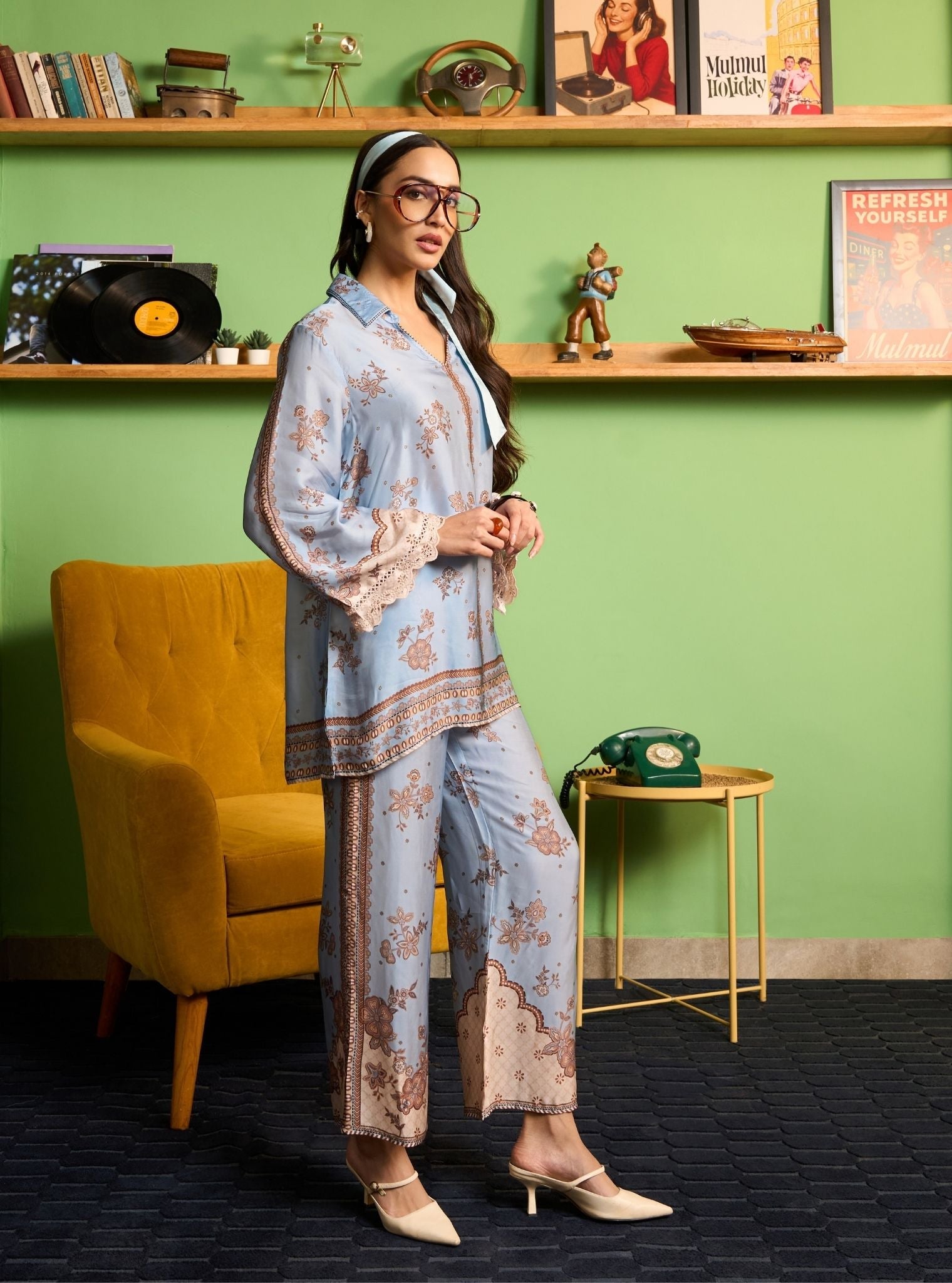 Mehrang Cupro Satin Blue Printed Shirt Set