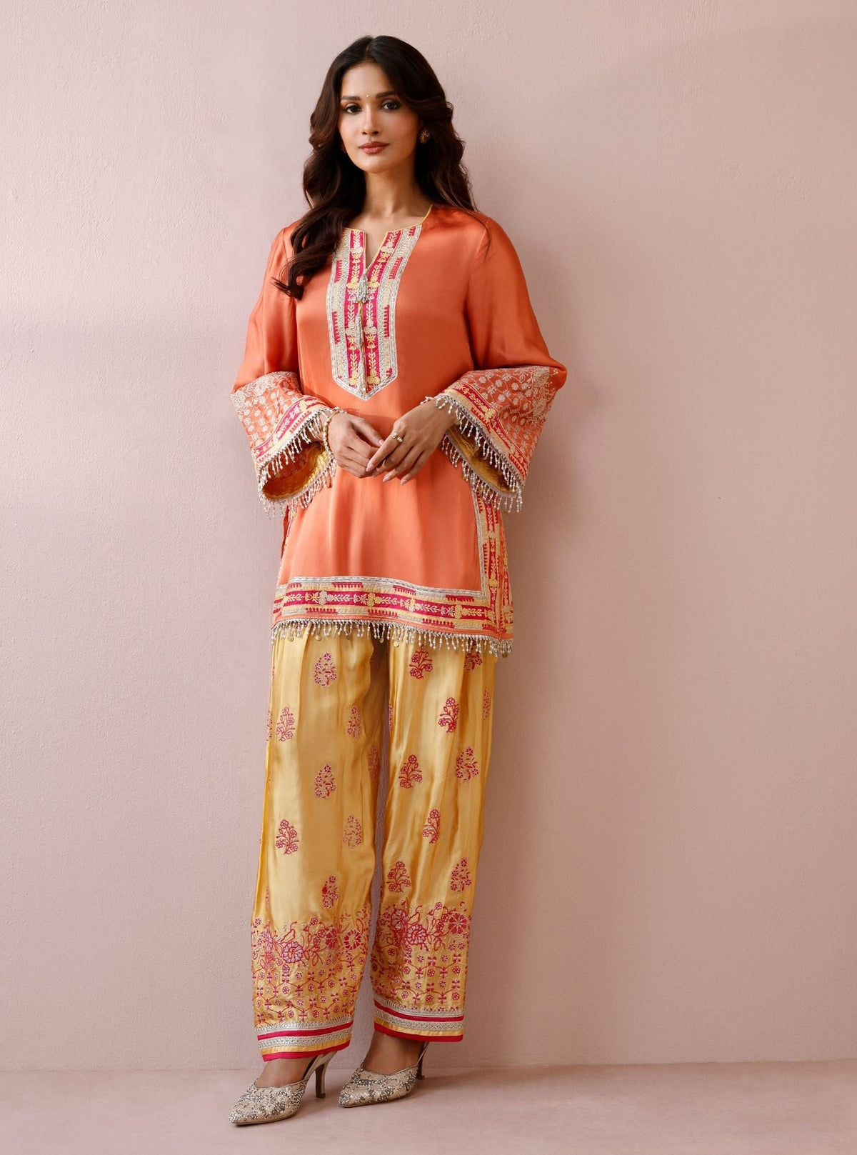 Shvi Cupro Satin Orange Kurta With Farshi Salwar