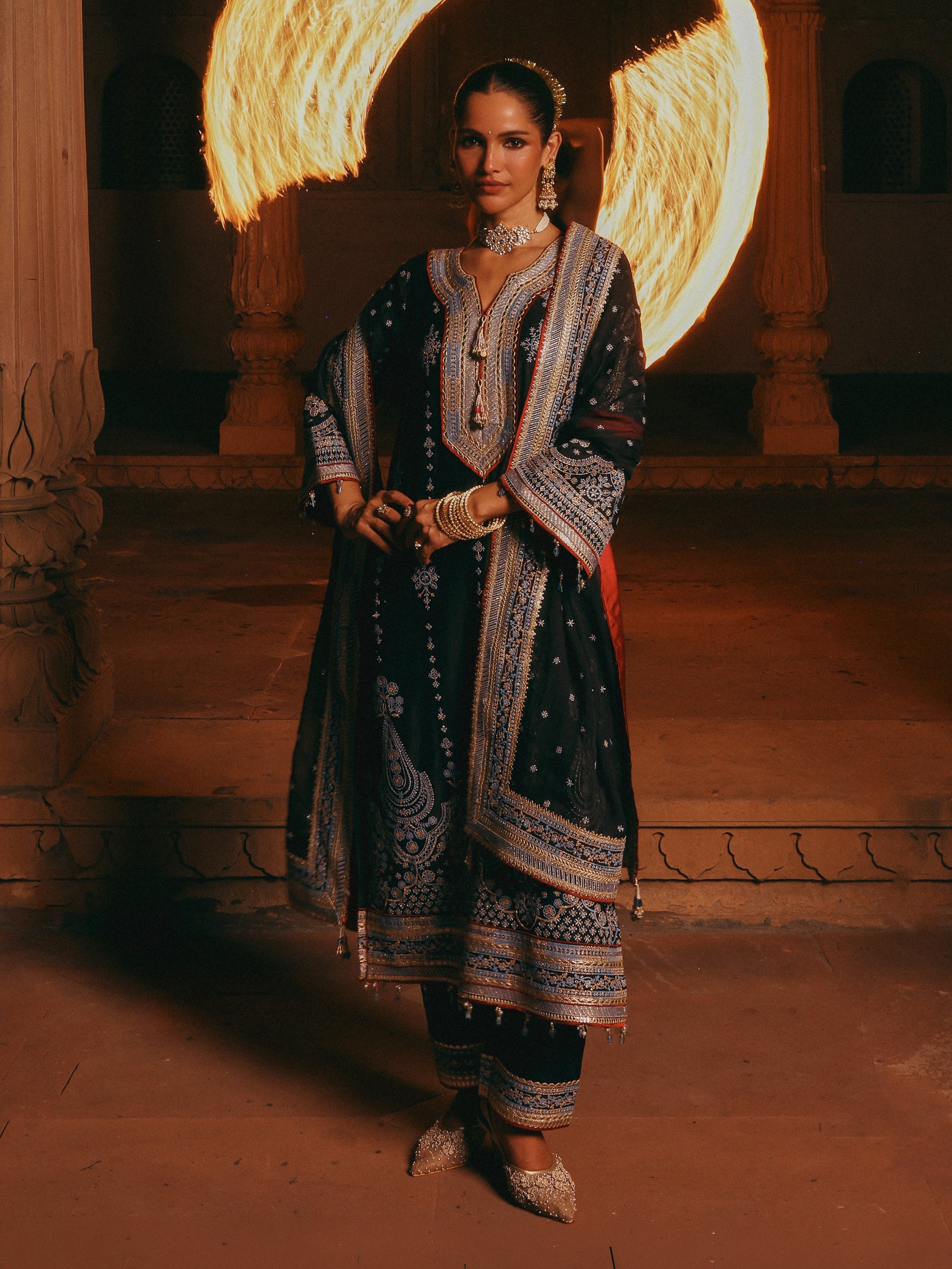 Ovee Pima Satin Black Long Kurta Set