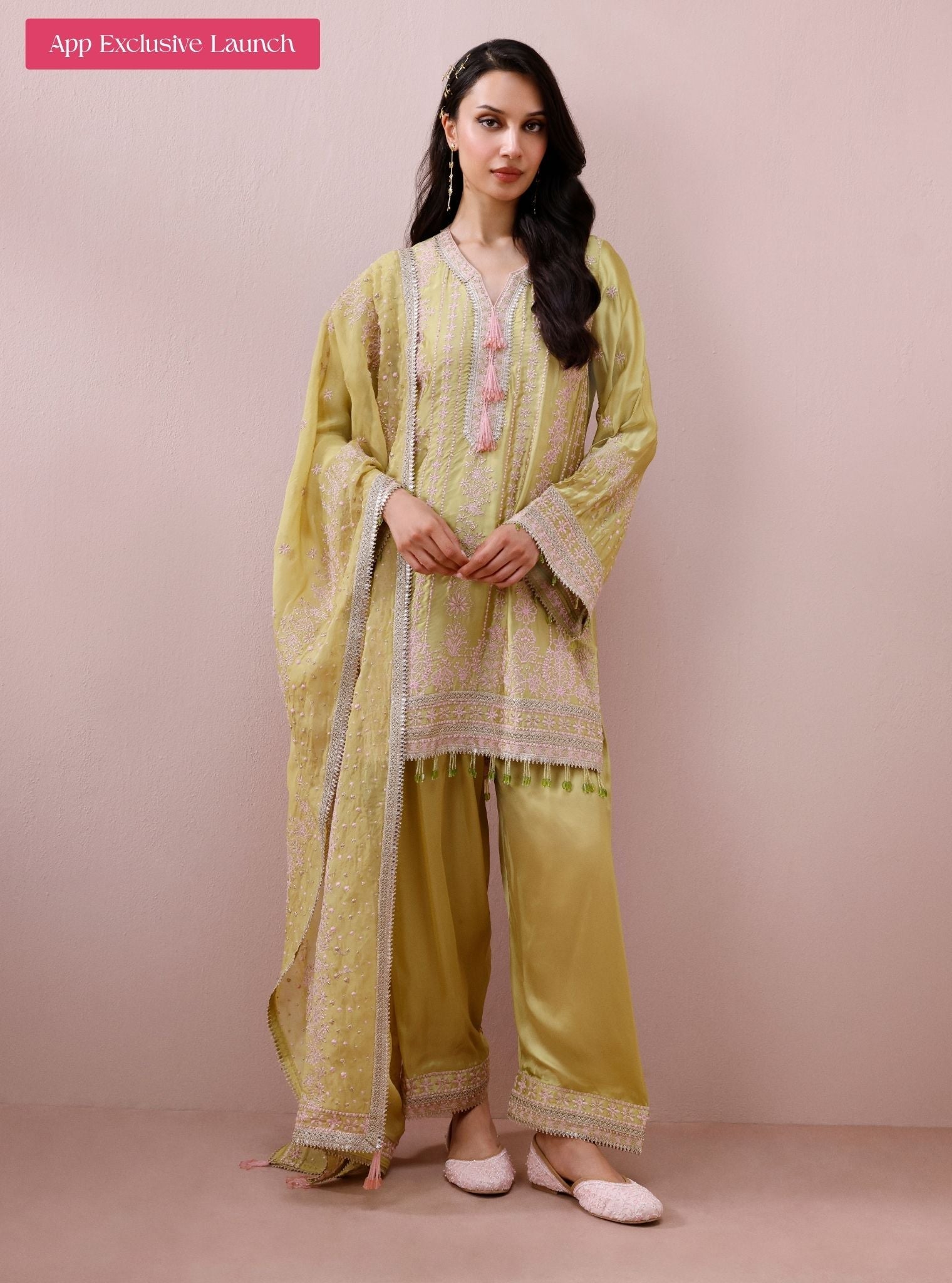 Zuri Cupro Satin Lime Kurta With Farshi Salwar
