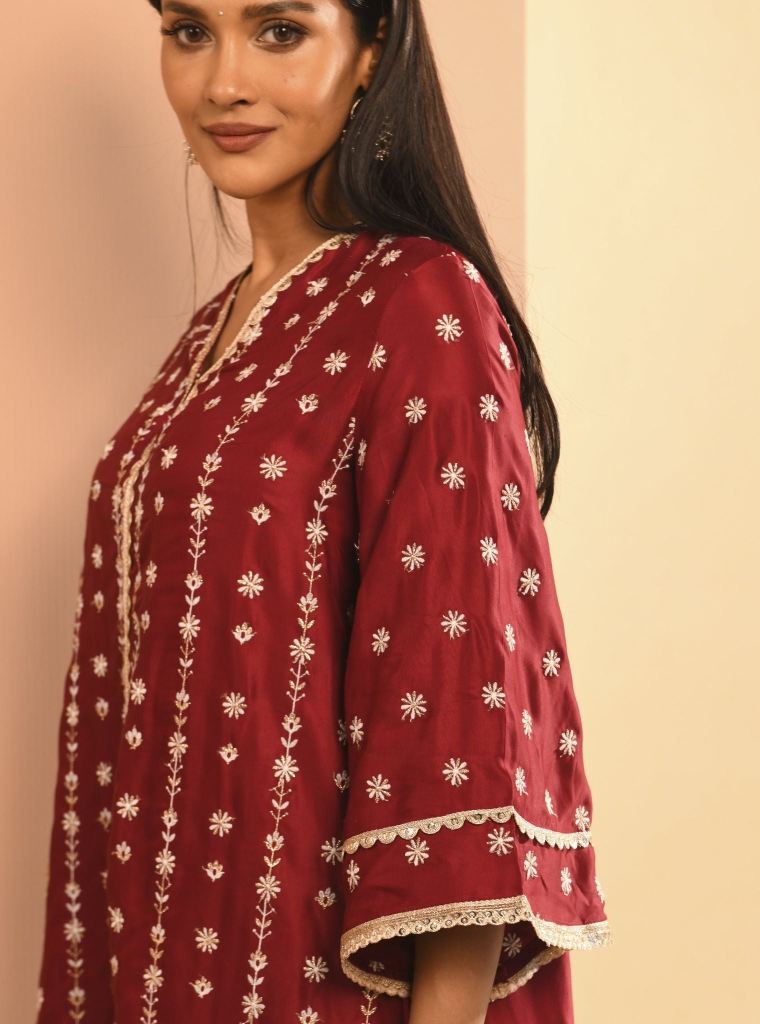 Mulmul Cupro Amara Wine Kurta
