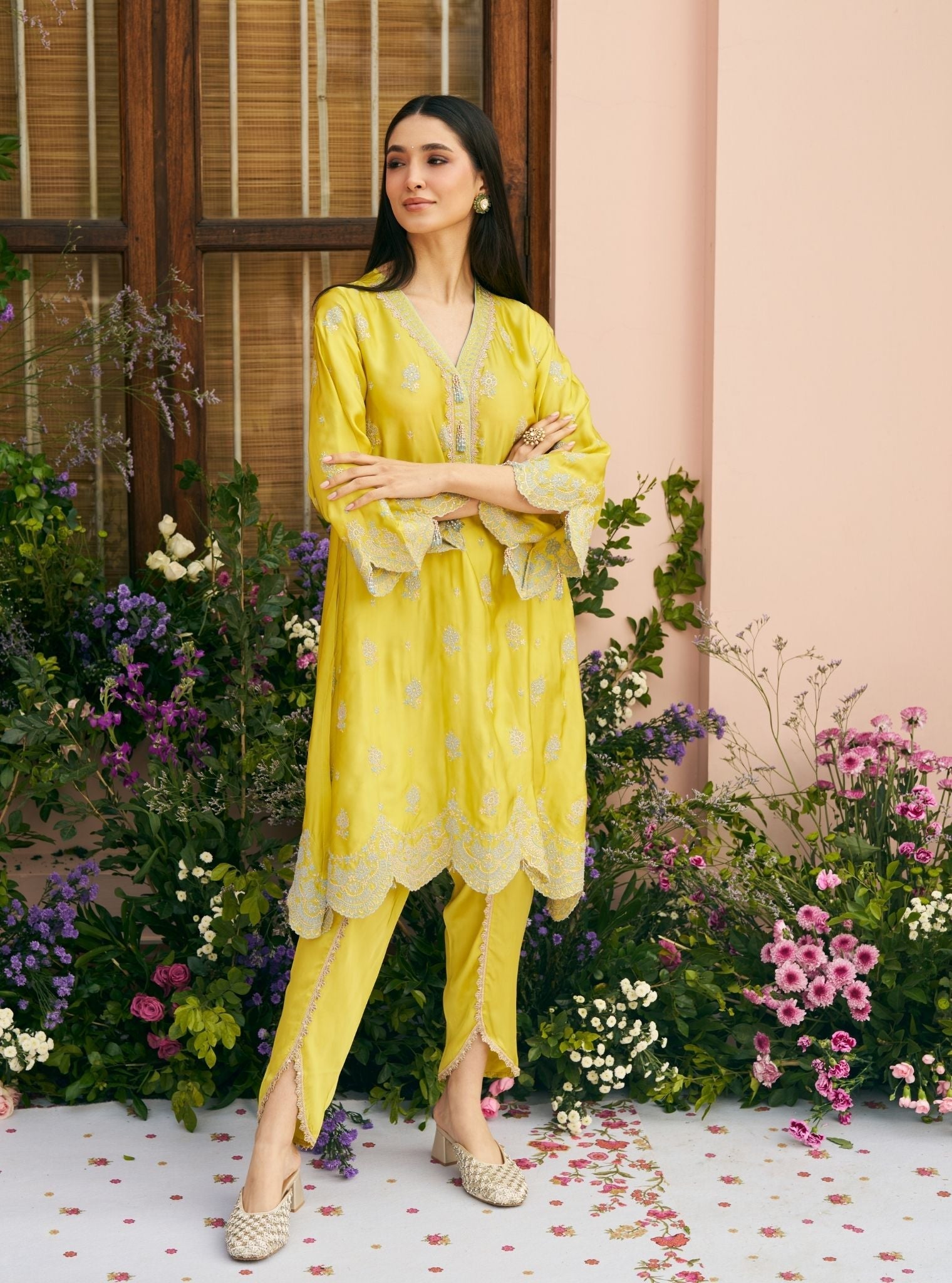 Phulkari Cupro Satin Lime Green Kurta Set