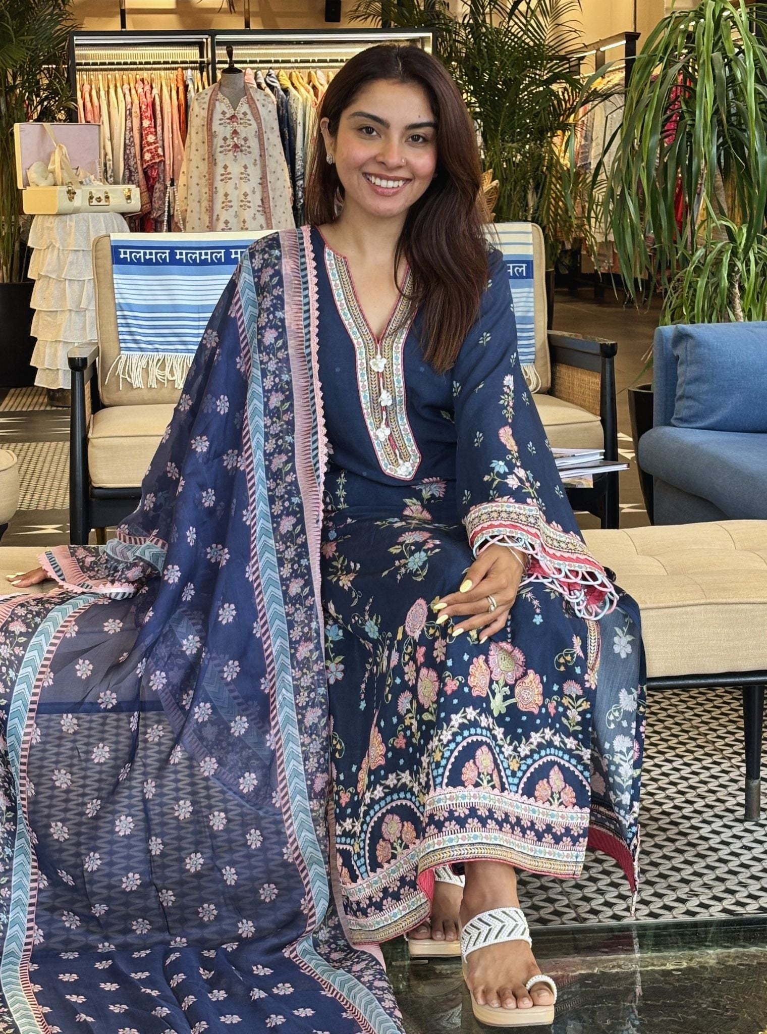 Zivra Lawn Printed Navy Kurta Set