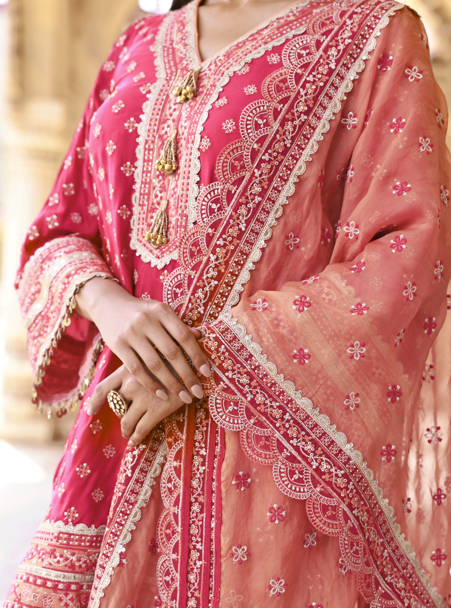 Survani Bemberg Satin Fuschia Kurta With Orange Salwar