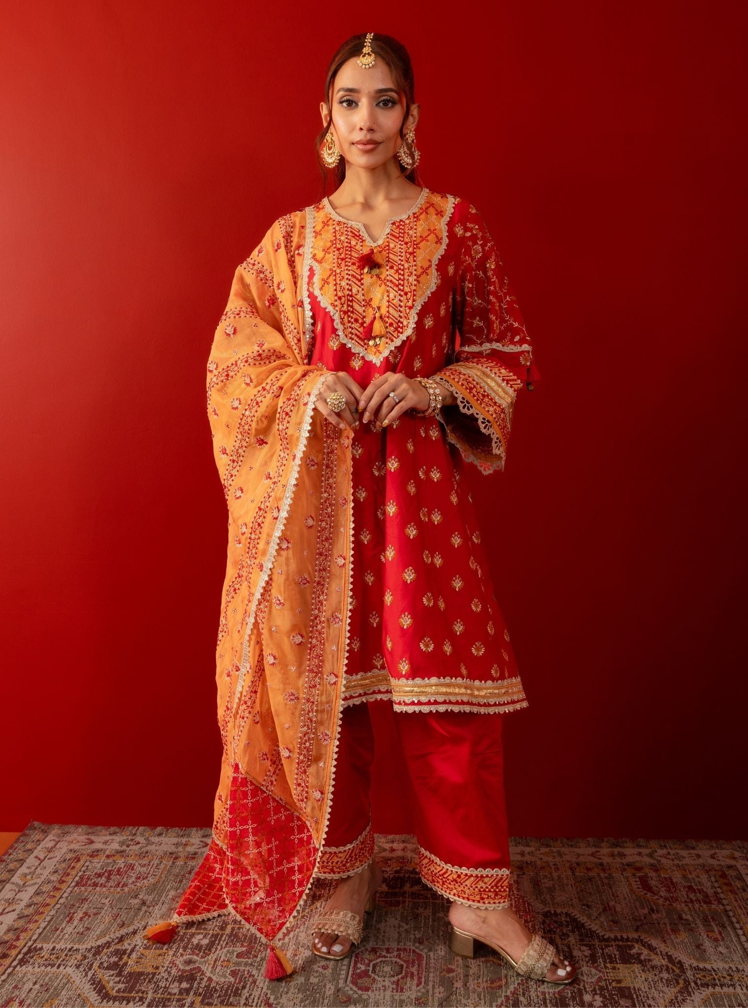 Mulmul Pima Satin Bandhan Red Kurta With Mulmul Pima Satin Bandhan Red Pant