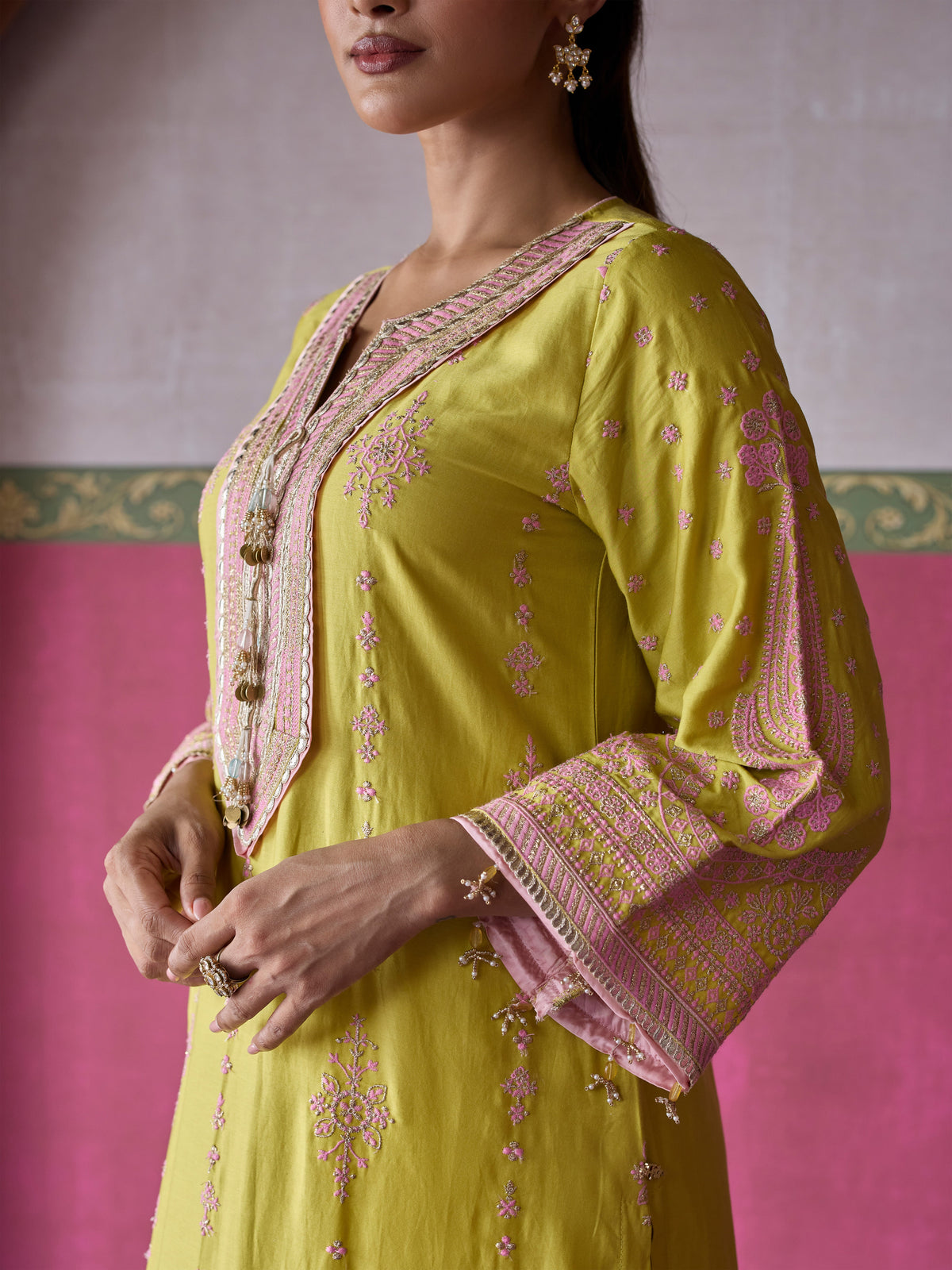 Ovee Pima Satin Lime Long Kurta Set