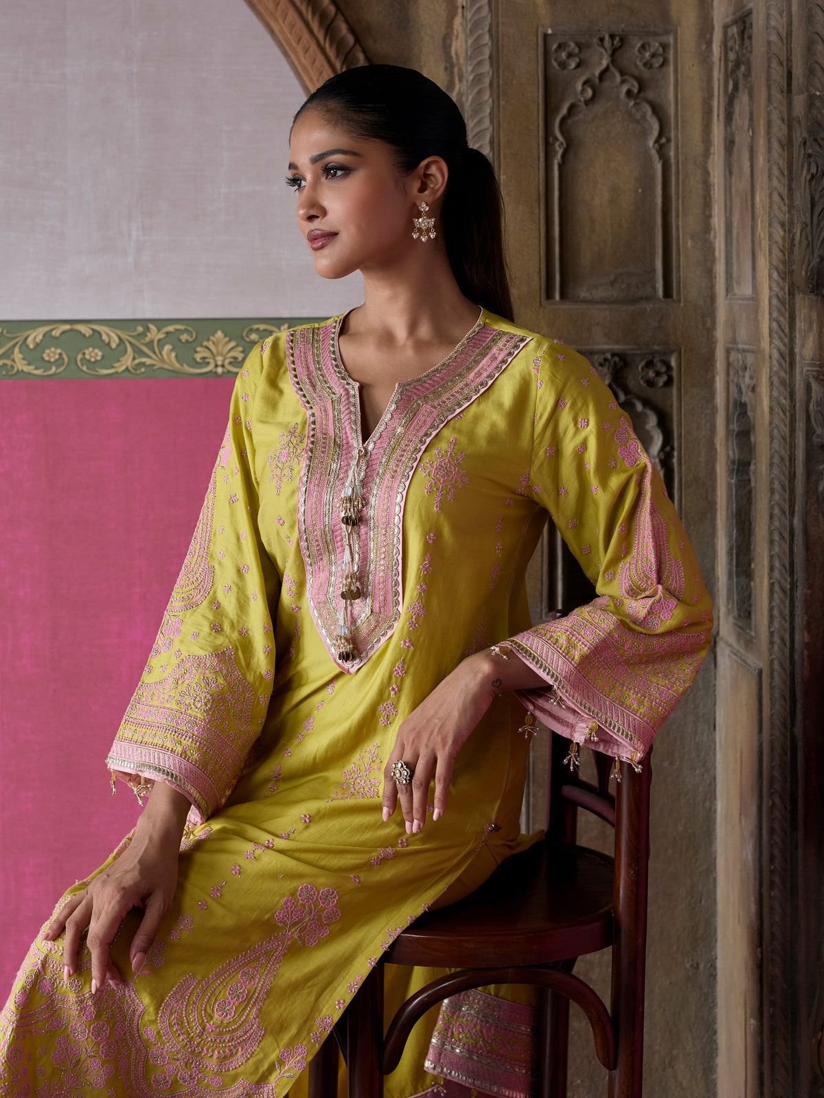 Ovee Pima Satin Lime Long Kurta Set